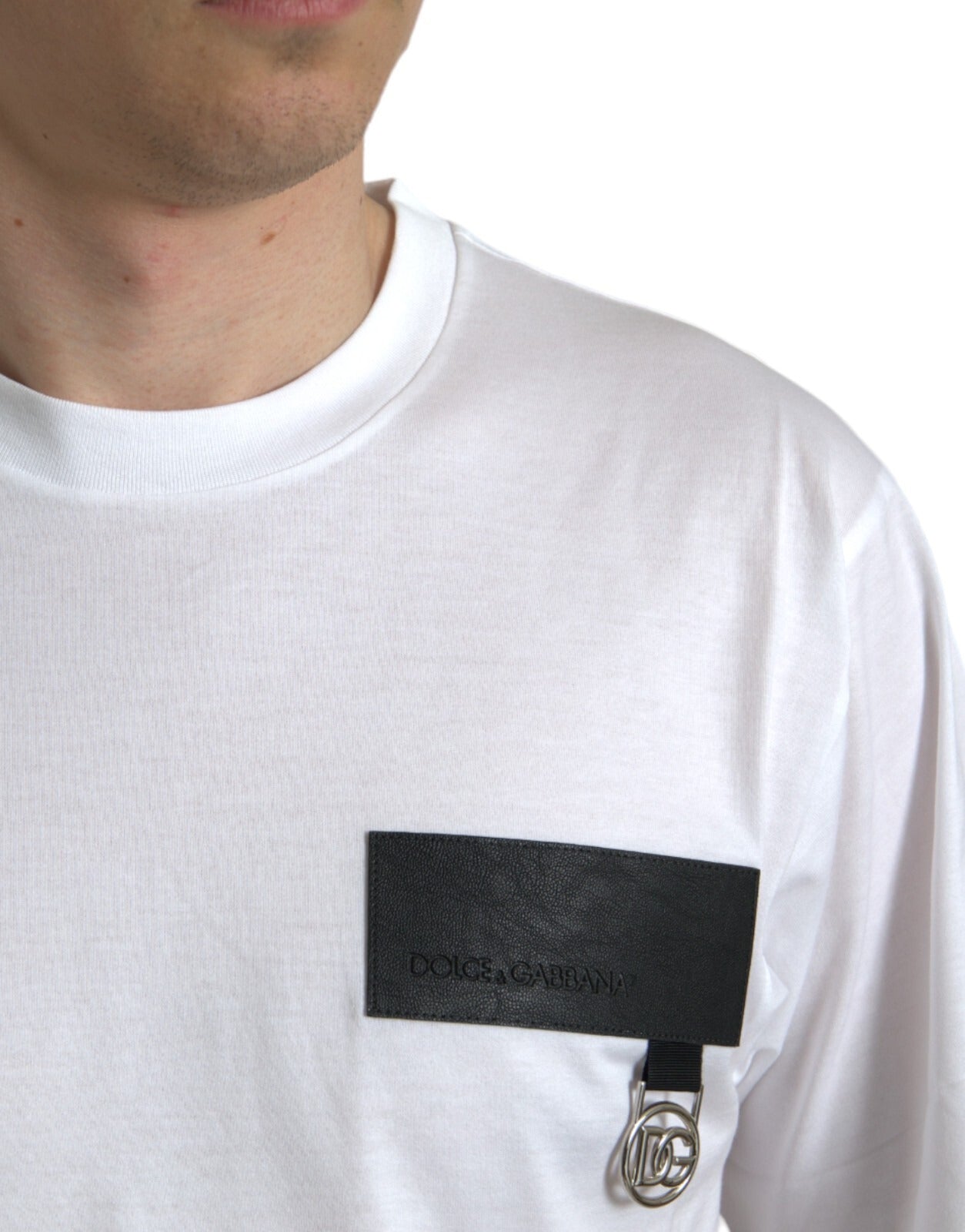 Dolce & Gabbana White Logo Patch Cotton Crew Neck Men's T-shirt (Pre-Owned)