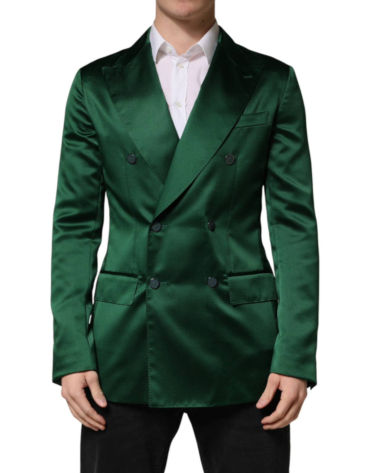 Dolce & Gabbana Green Satin Double Breasted Jacket Men's Blazer