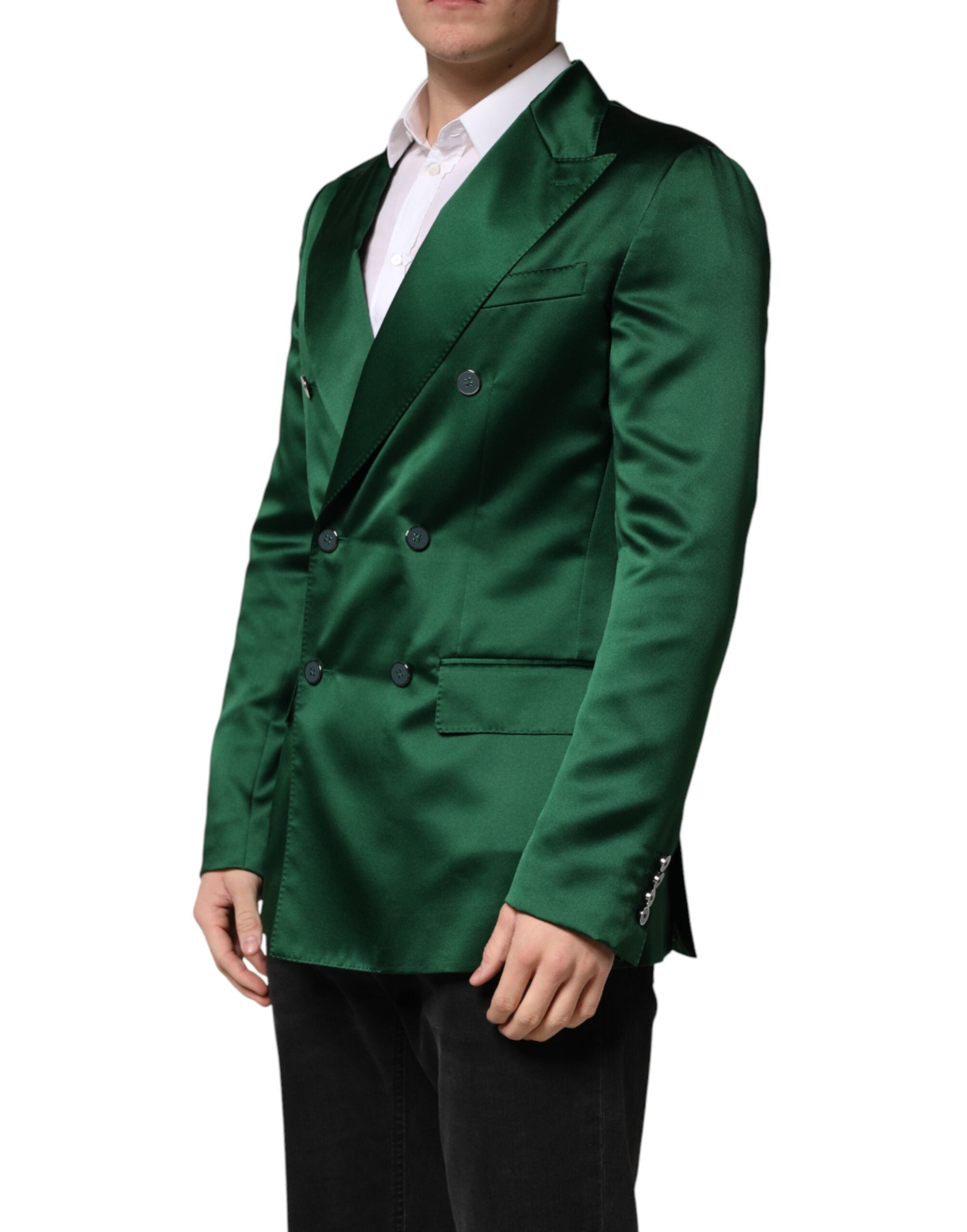 Dolce & Gabbana Green Satin Double Breasted Jacket Men's Blazer