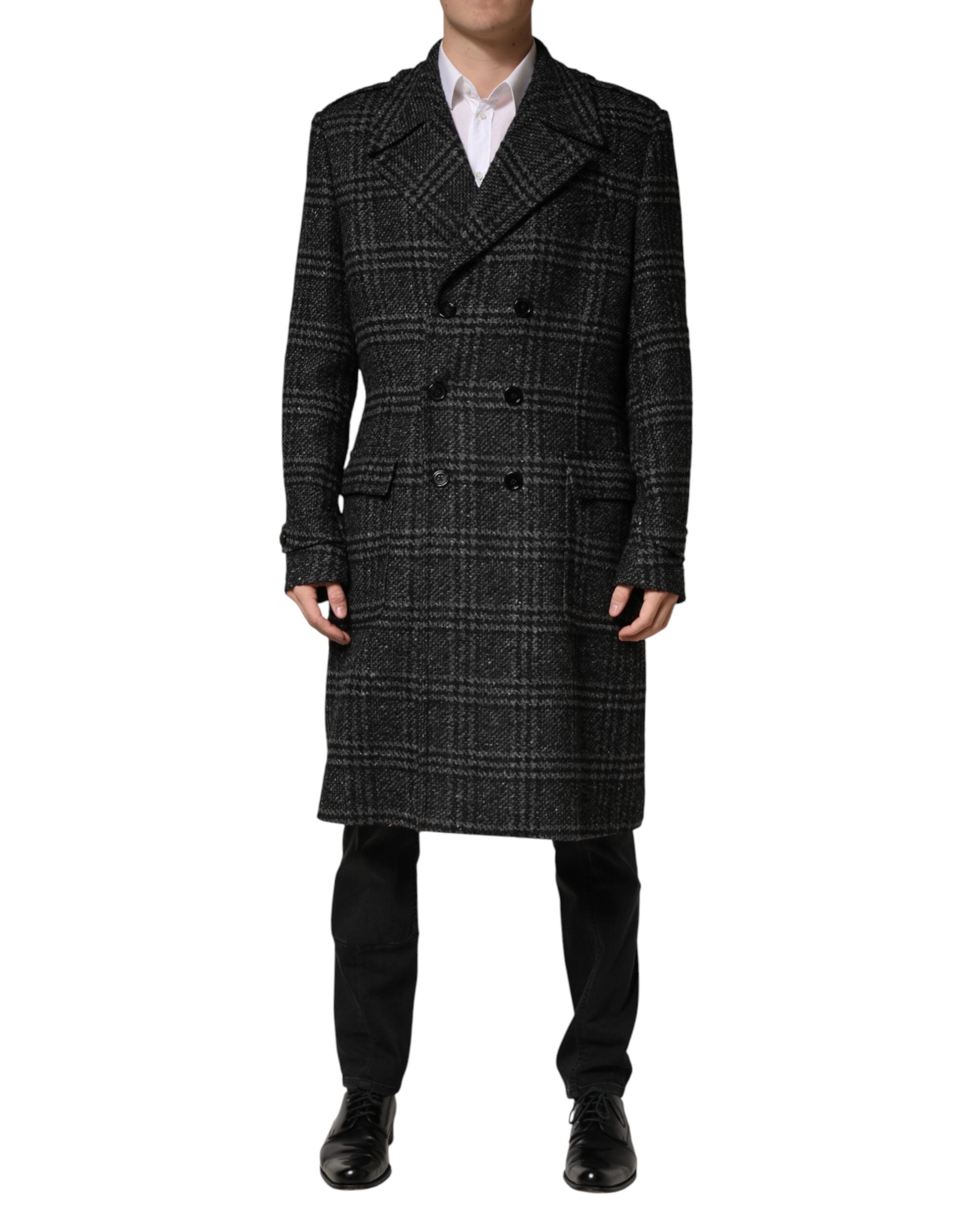 Dolce & Gabbana Grey Double Breasted Plaid Wool Coat Men's Jacket