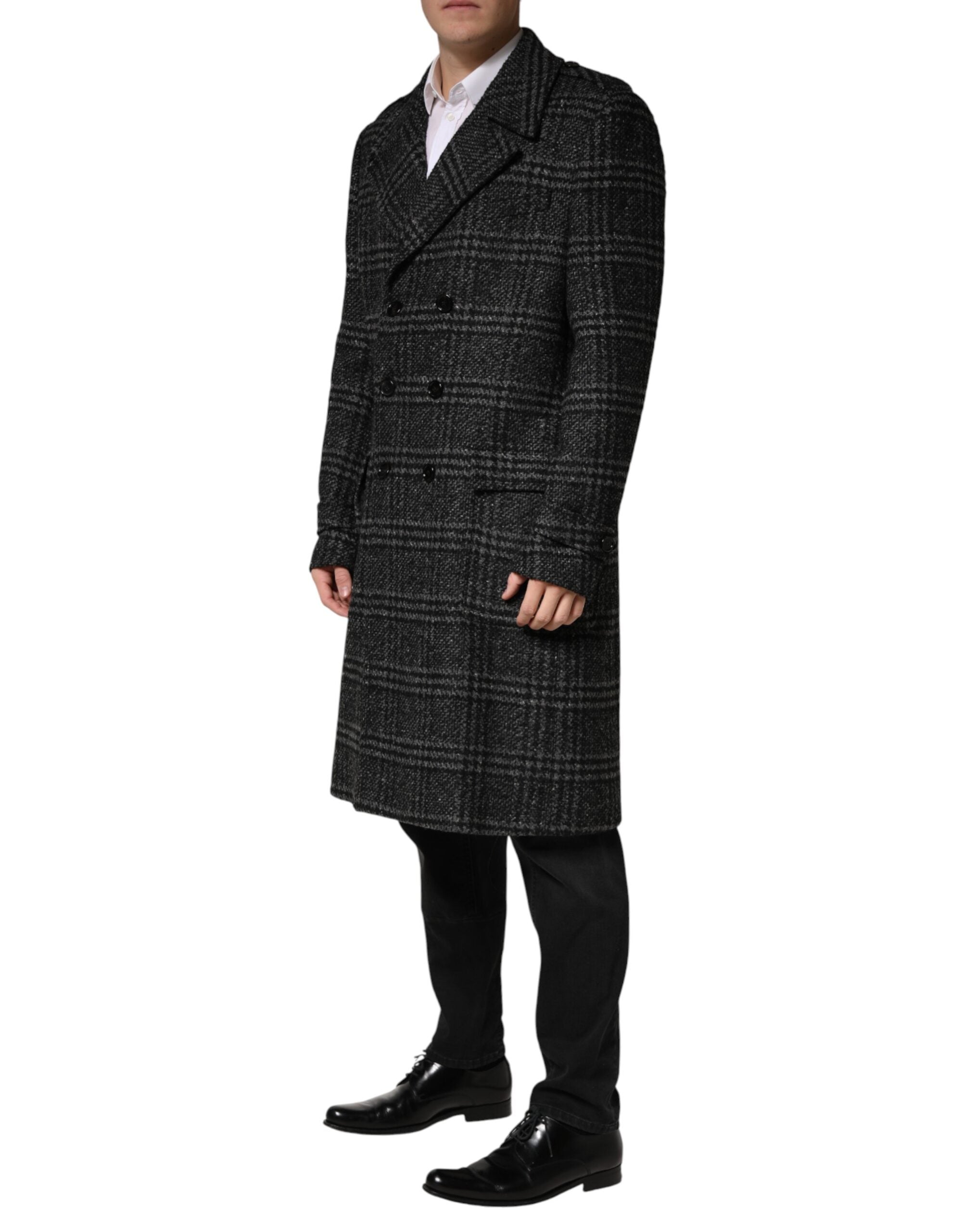Dolce & Gabbana Grey Double Breasted Plaid Wool Coat Men's Jacket