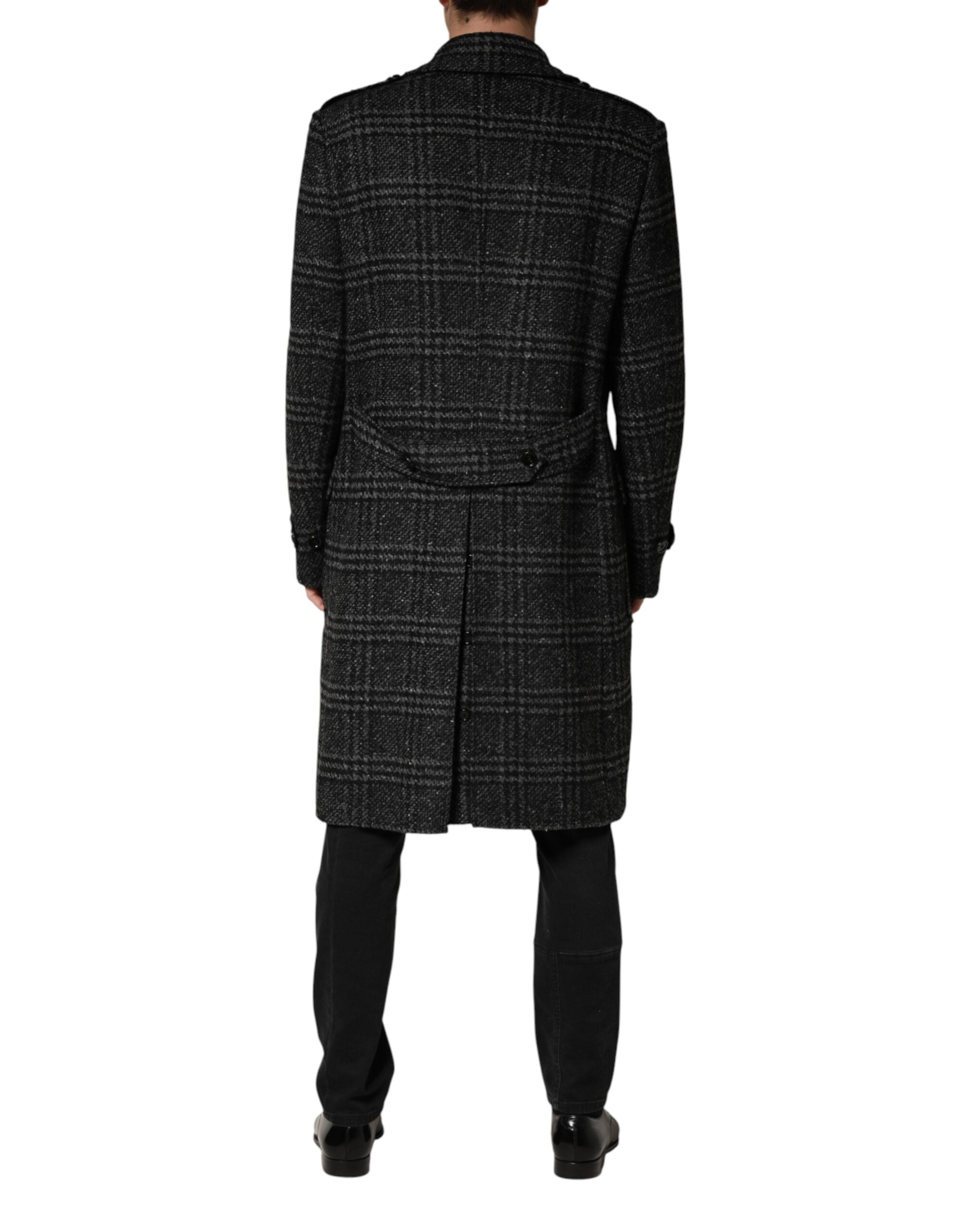 Dolce & Gabbana Grey Double Breasted Plaid Wool Coat Men's Jacket