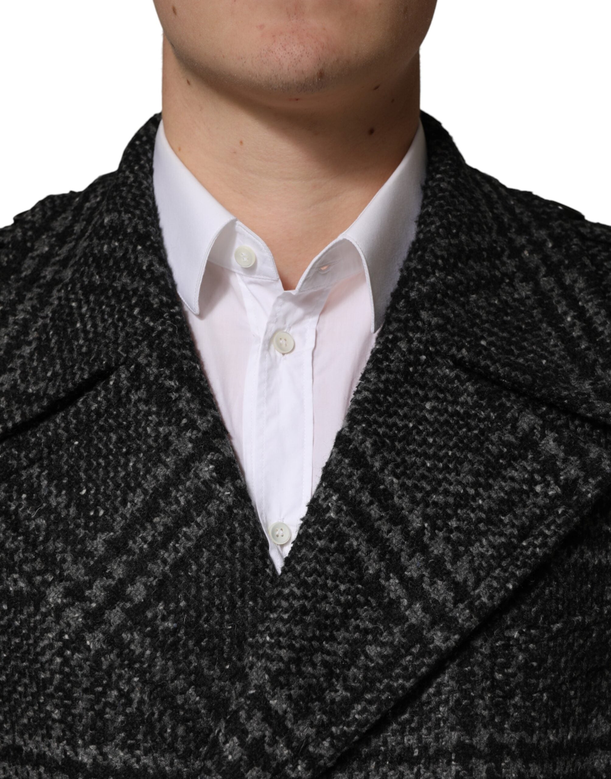 Dolce & Gabbana Grey Double Breasted Plaid Wool Coat Men's Jacket
