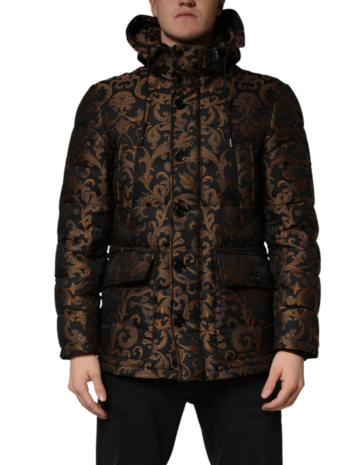 Dolce & Gabbana Black Floral Jacquard Quilted Hooded Men's Jacket