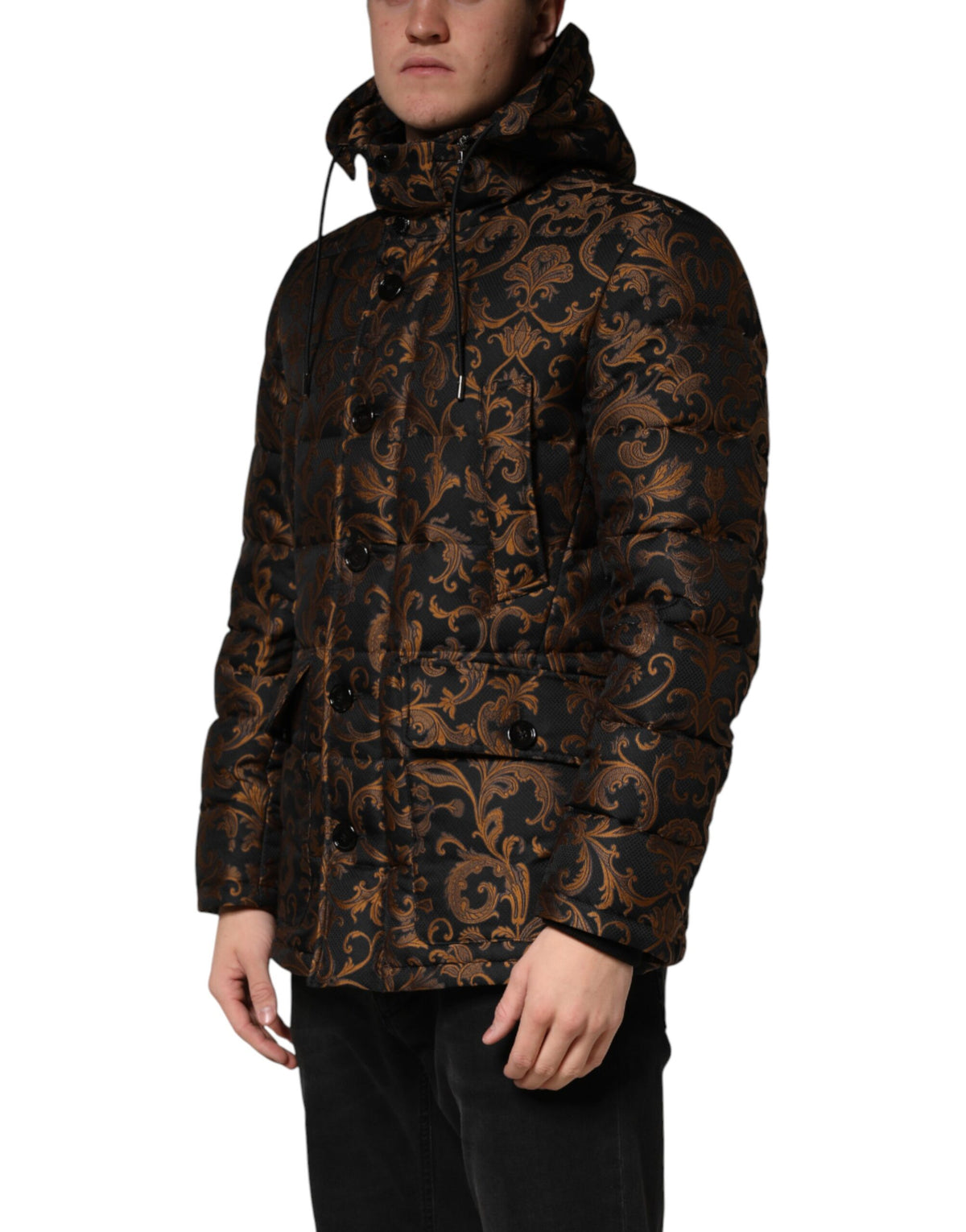 Dolce & Gabbana Black Floral Jacquard Quilted Hooded Men's Jacket