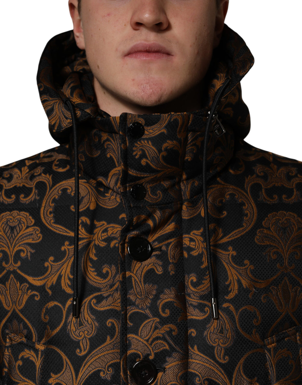 Dolce & Gabbana Black Floral Jacquard Quilted Hooded Men's Jacket