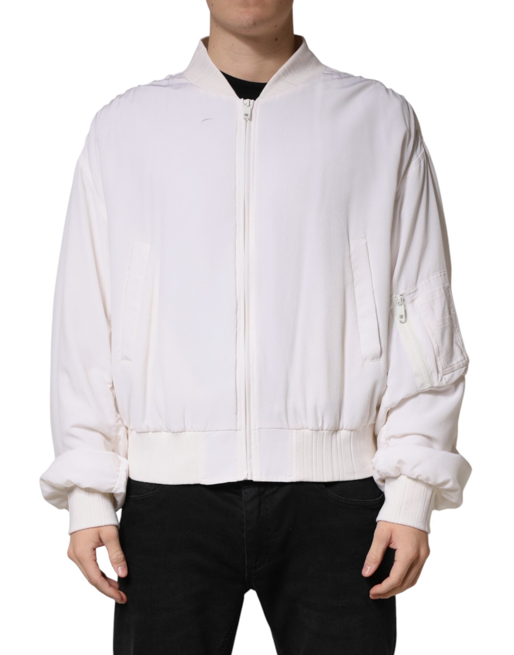 Dolce & Gabbana White Silk Full Zip Bomber Blouson Men's Jacket (Pre-Owned)