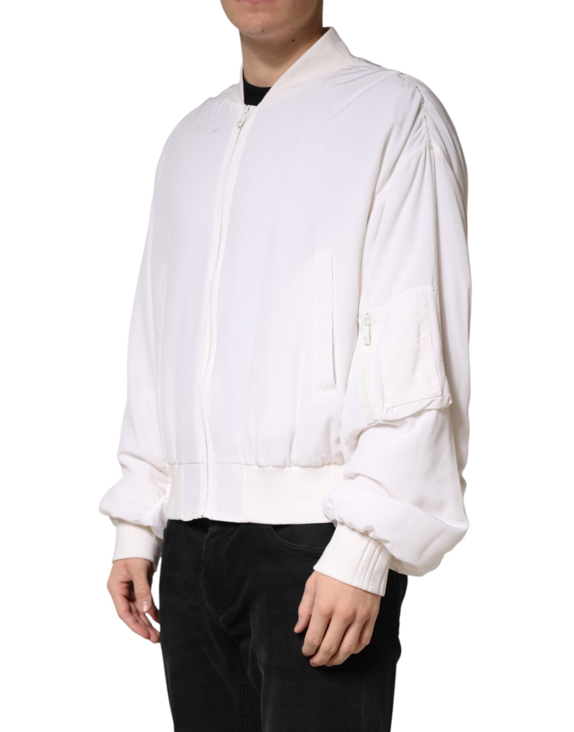 Dolce & Gabbana White Silk Full Zip Bomber Blouson Men's Jacket (Pre-Owned)