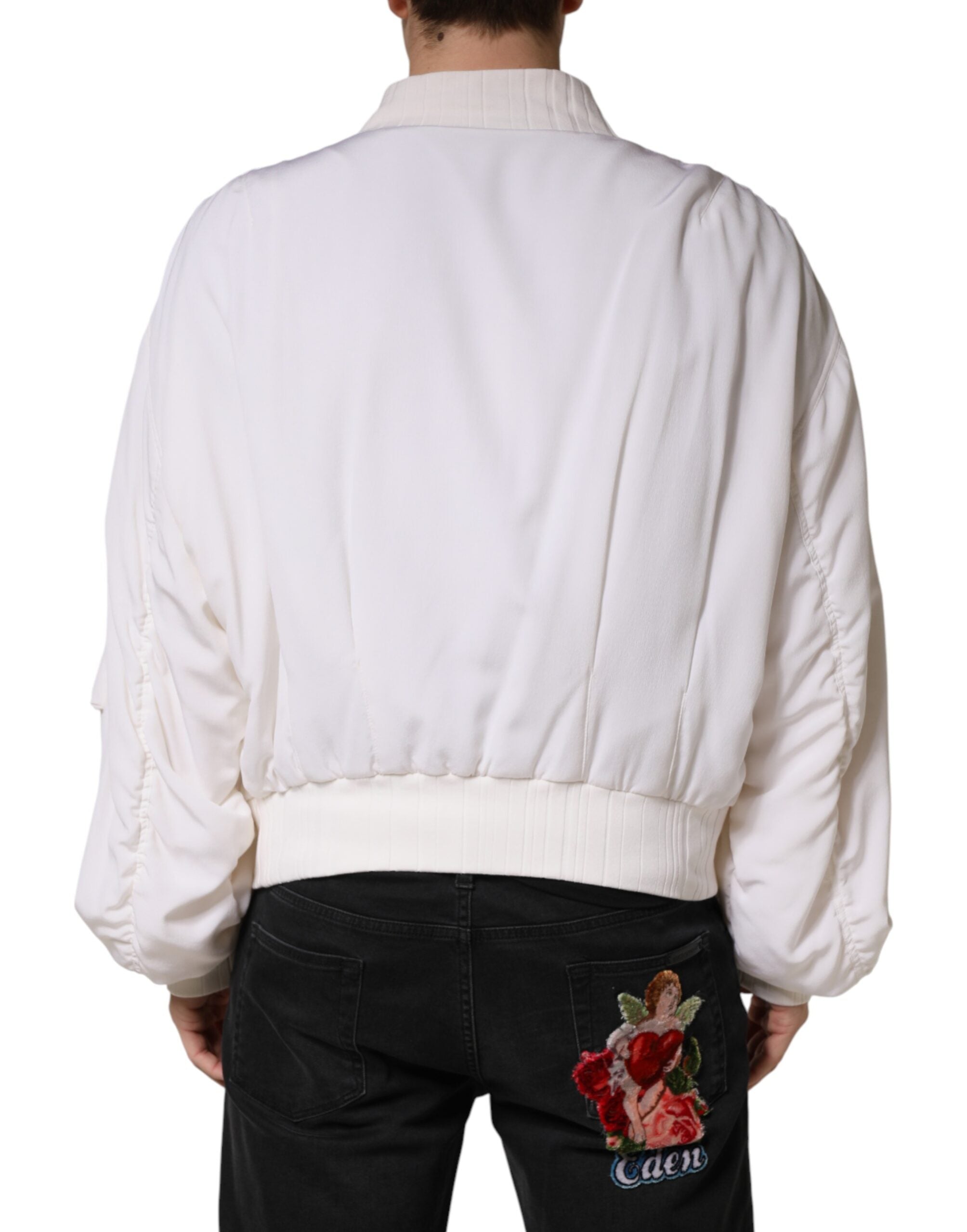 Dolce & Gabbana White Silk Full Zip Bomber Blouson Men's Jacket (Pre-Owned)
