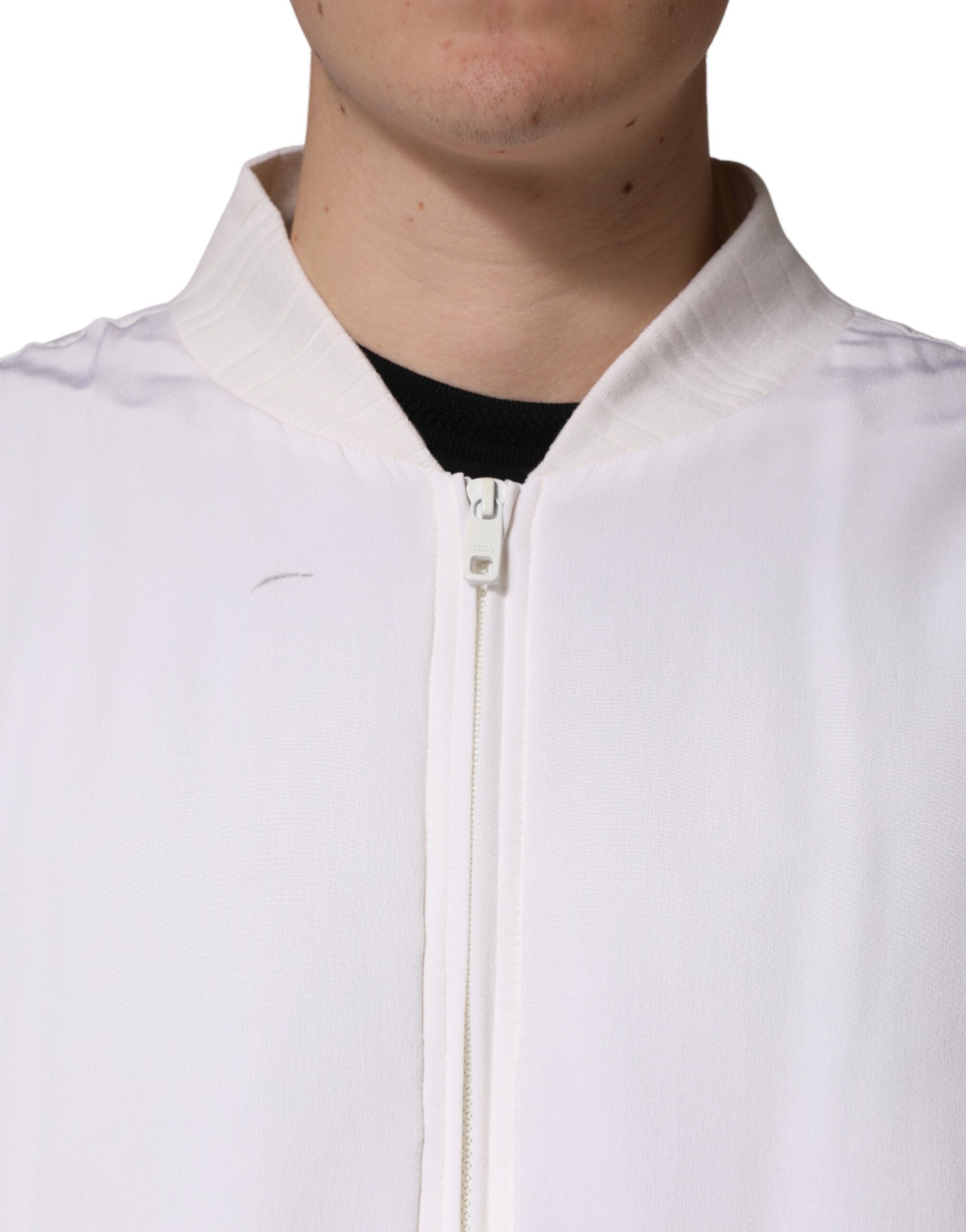 Dolce & Gabbana White Silk Full Zip Bomber Blouson Men's Jacket (Pre-Owned)