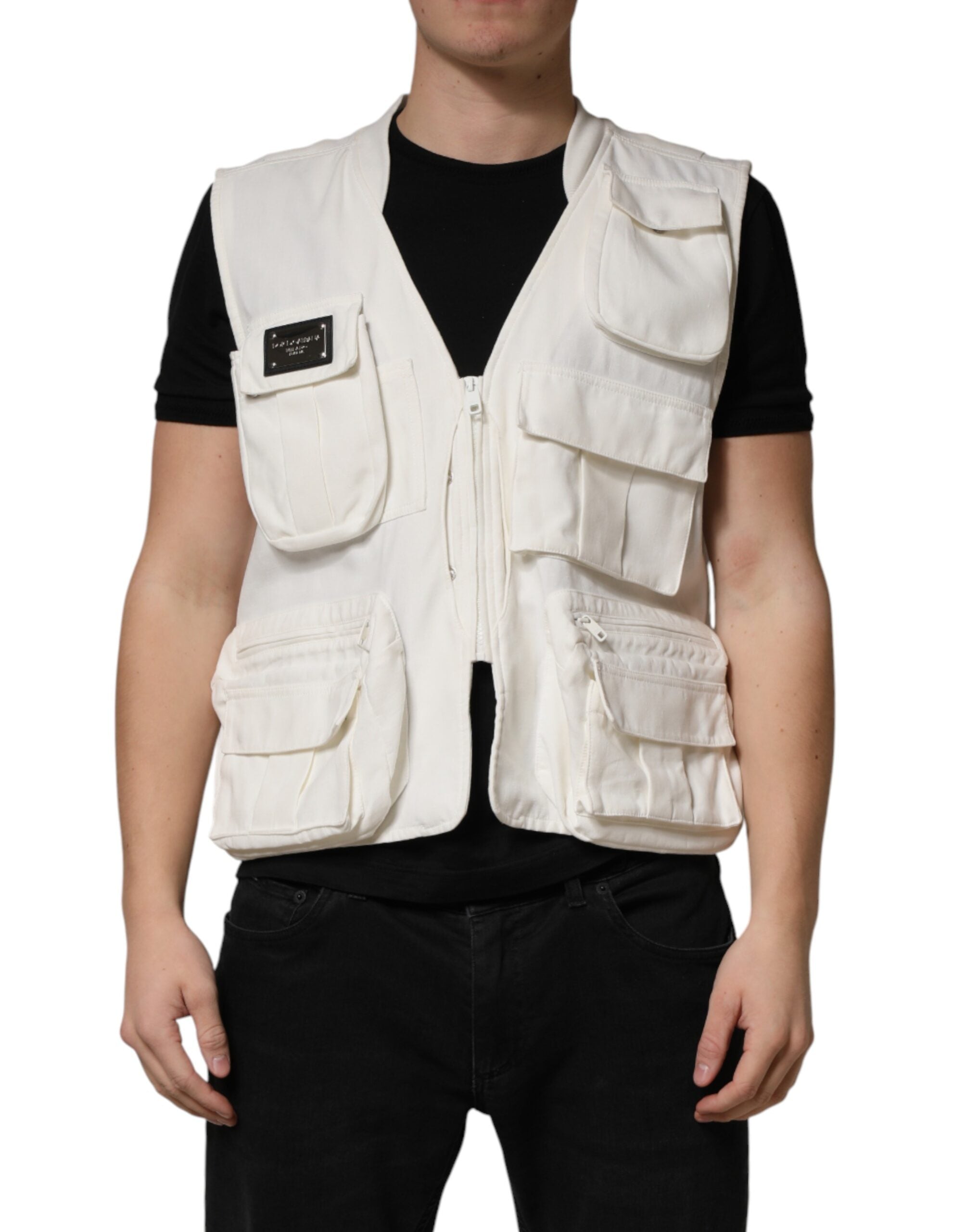 Dolce & Gabbana White Cotton Cargo Men Vest Coat Men's Jacket (Pre-Owned)