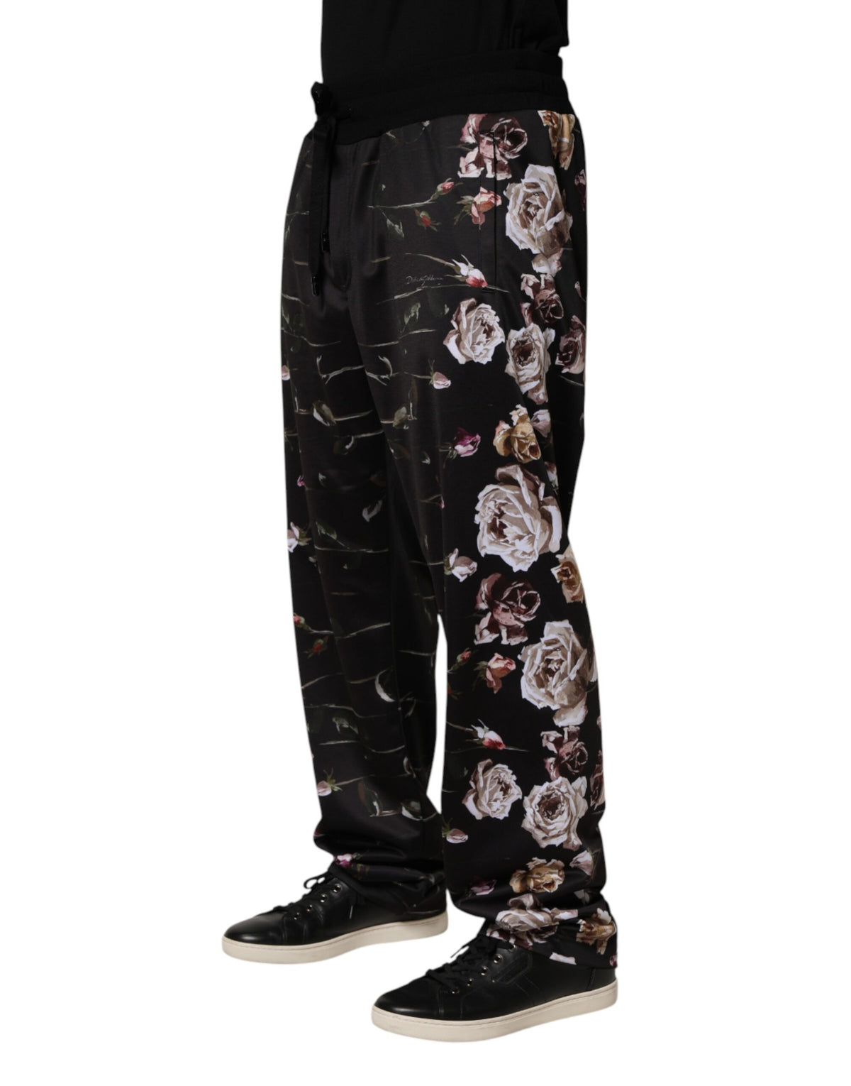 Dolce & Gabbana Black Floral Straight-Leg Chino Trouser Men's Pants