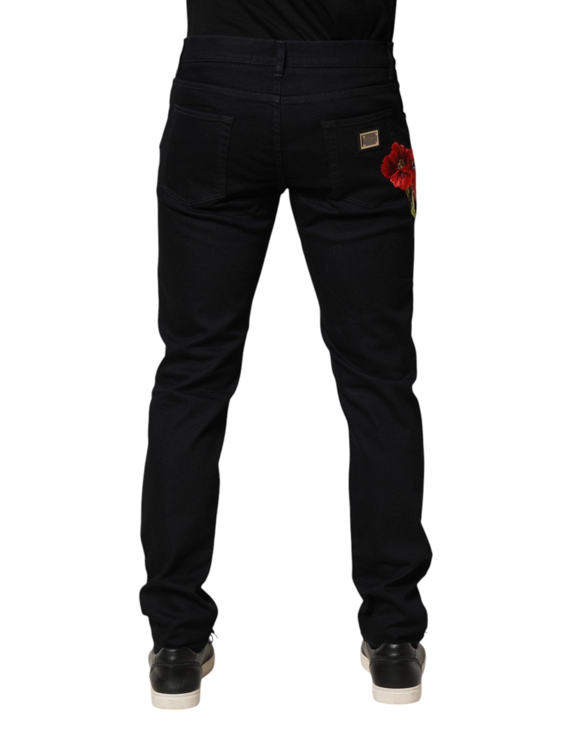 Dolce & Gabbana Black Floral Cotton Skinny Men Denim Men's Jeans
