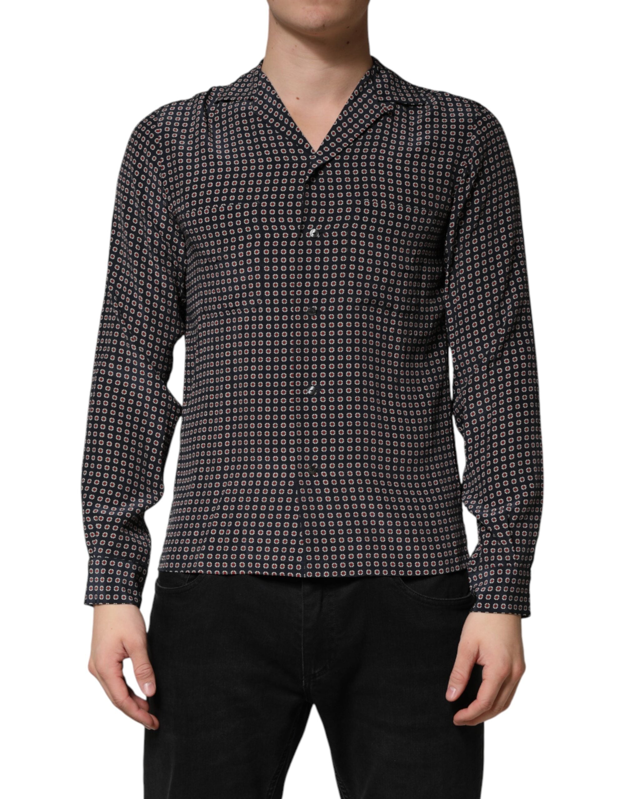Dolce & Gabbana Black Patterned Silk Men Button Down Men's Shirt