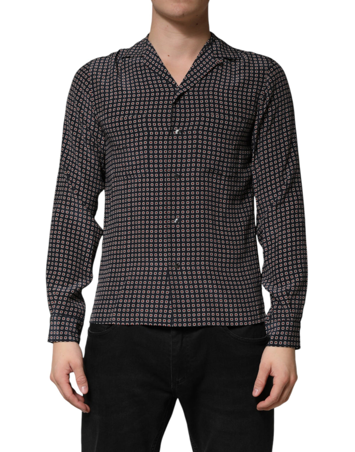 Dolce & Gabbana Black Patterned Silk Men Button Down Men's Shirt