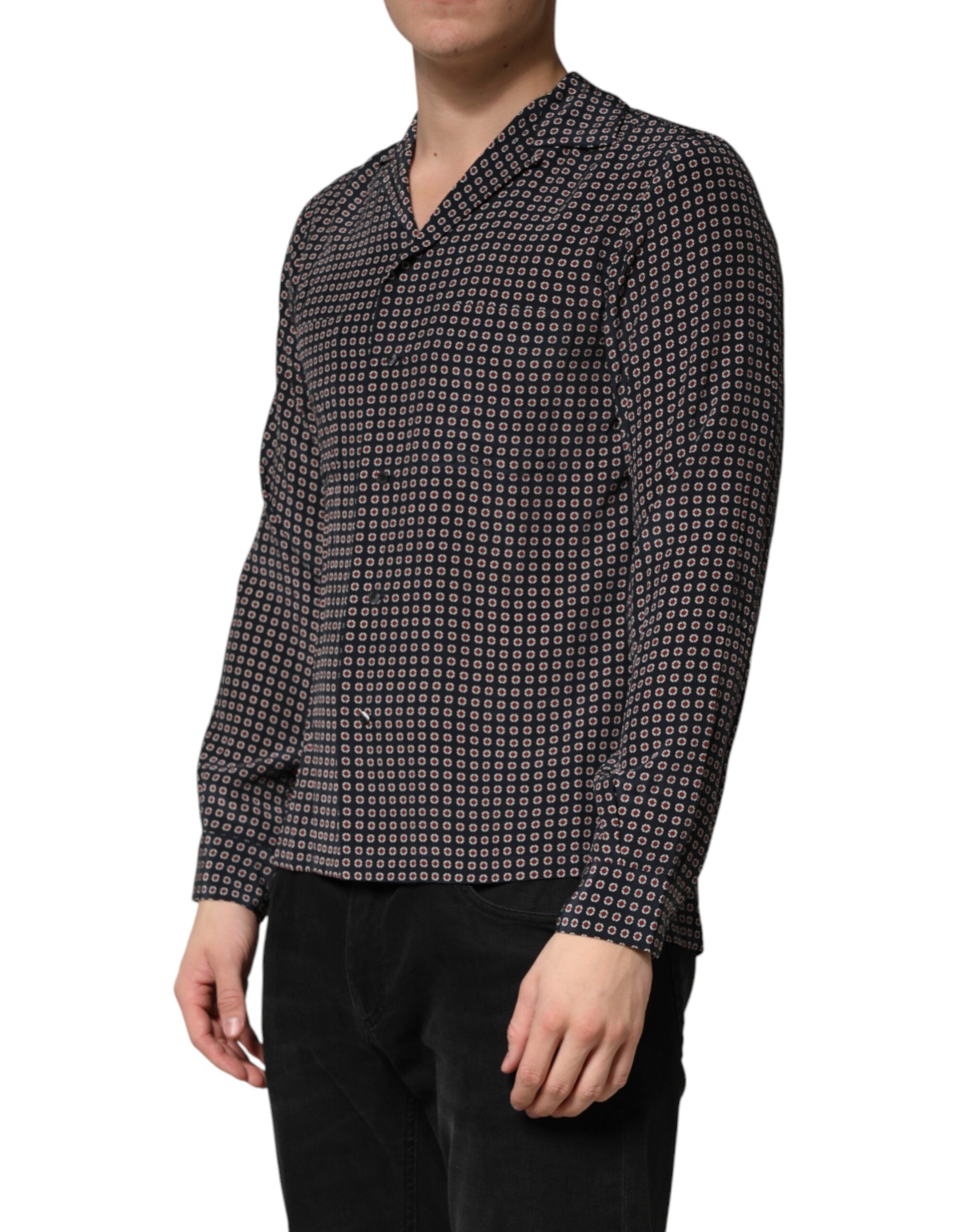 Dolce & Gabbana Black Patterned Silk Men Button Down Men's Shirt