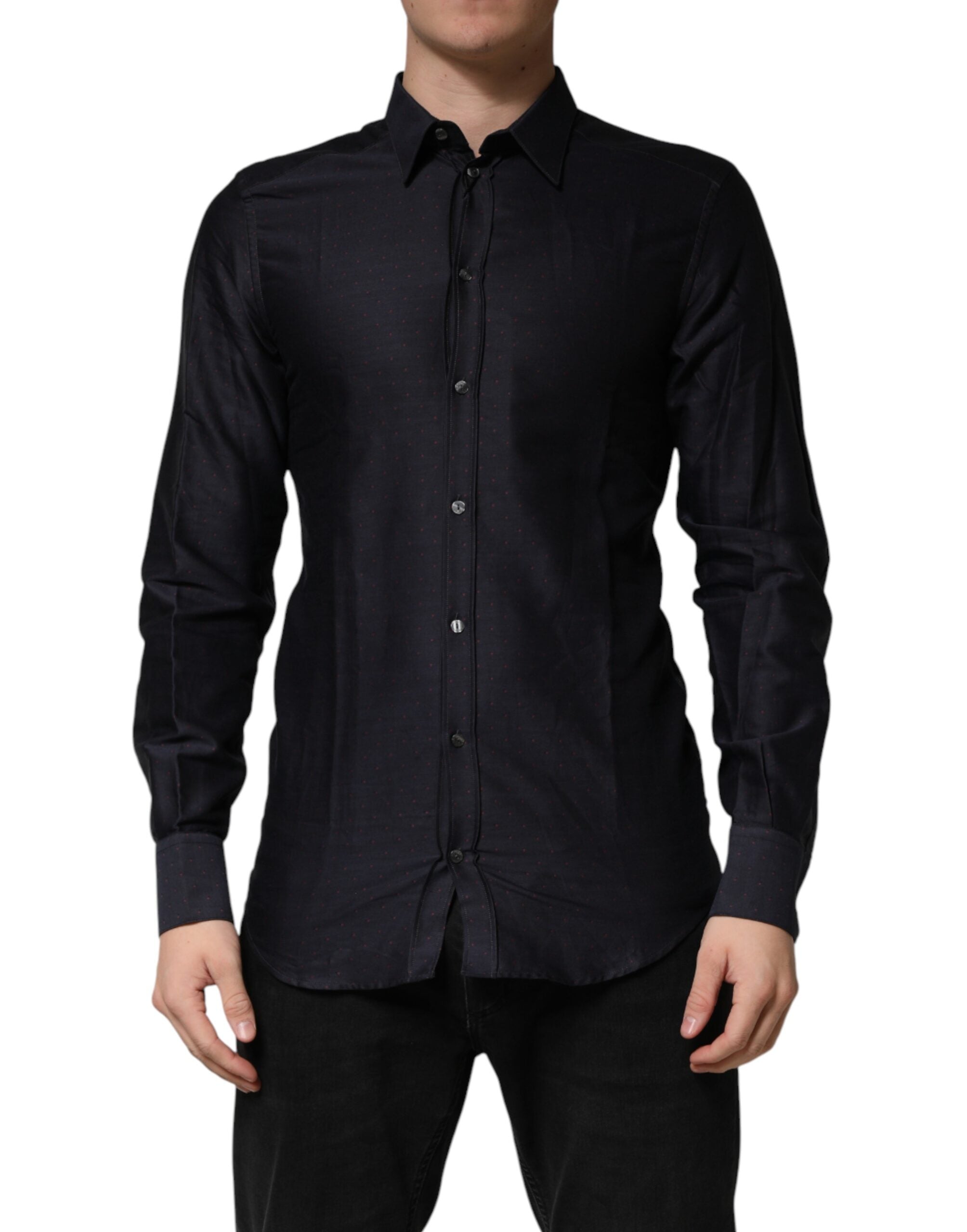 Dolce & Gabbana Black Dotted Cotton Collared GOLD Dress Men's Shirt
