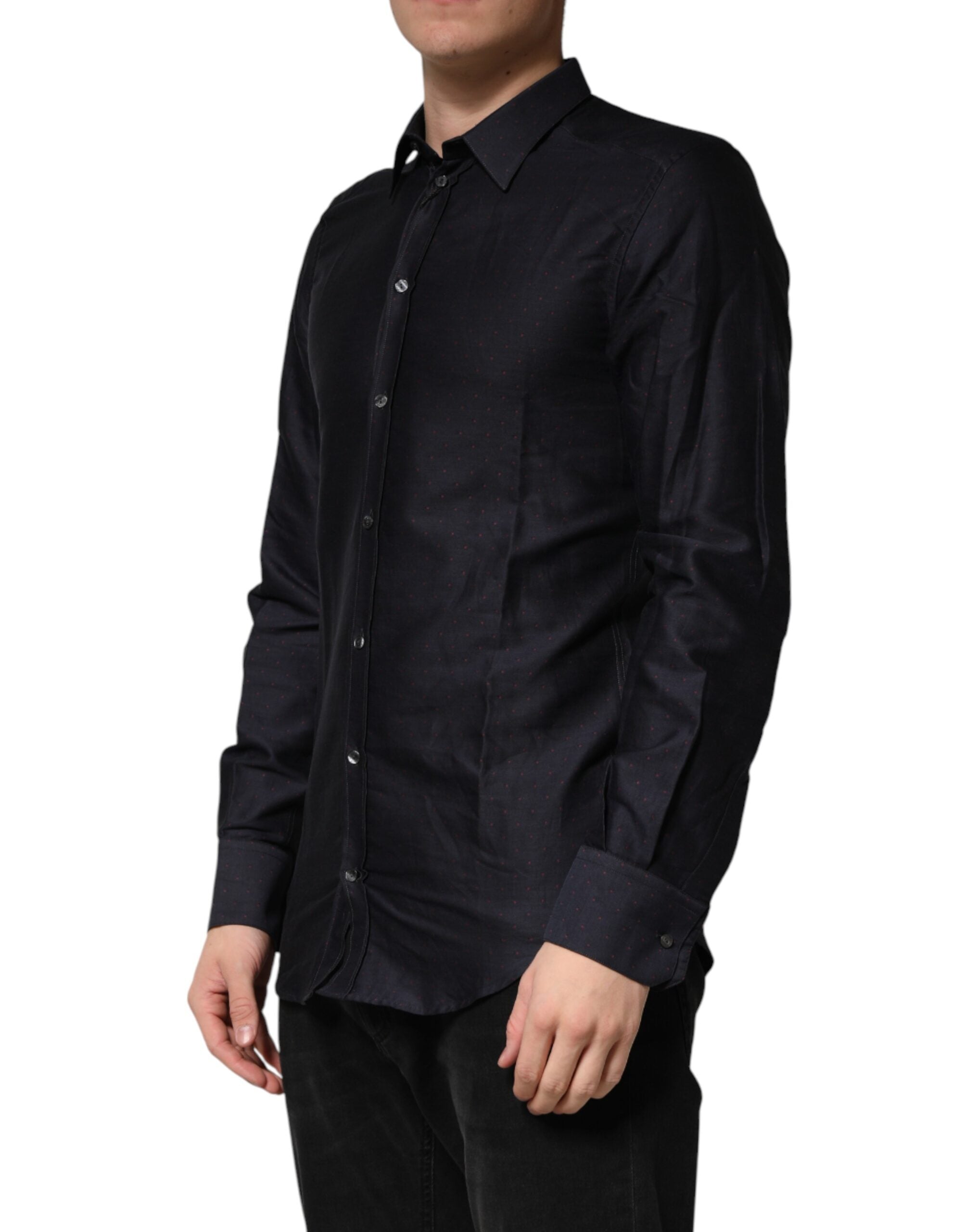 Dolce & Gabbana Black Dotted Cotton Collared GOLD Dress Men's Shirt