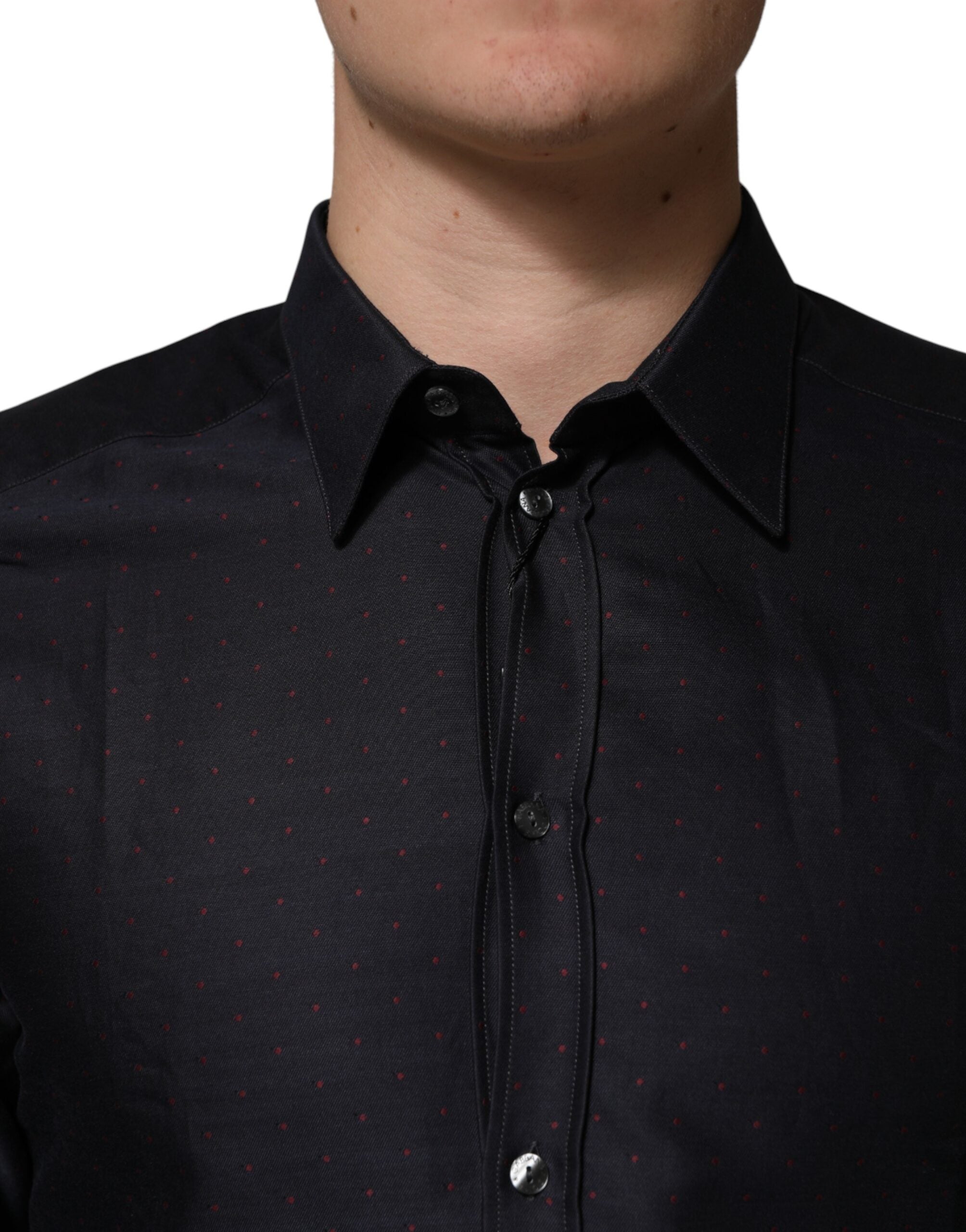 Dolce & Gabbana Black Dotted Cotton Collared GOLD Dress Men's Shirt