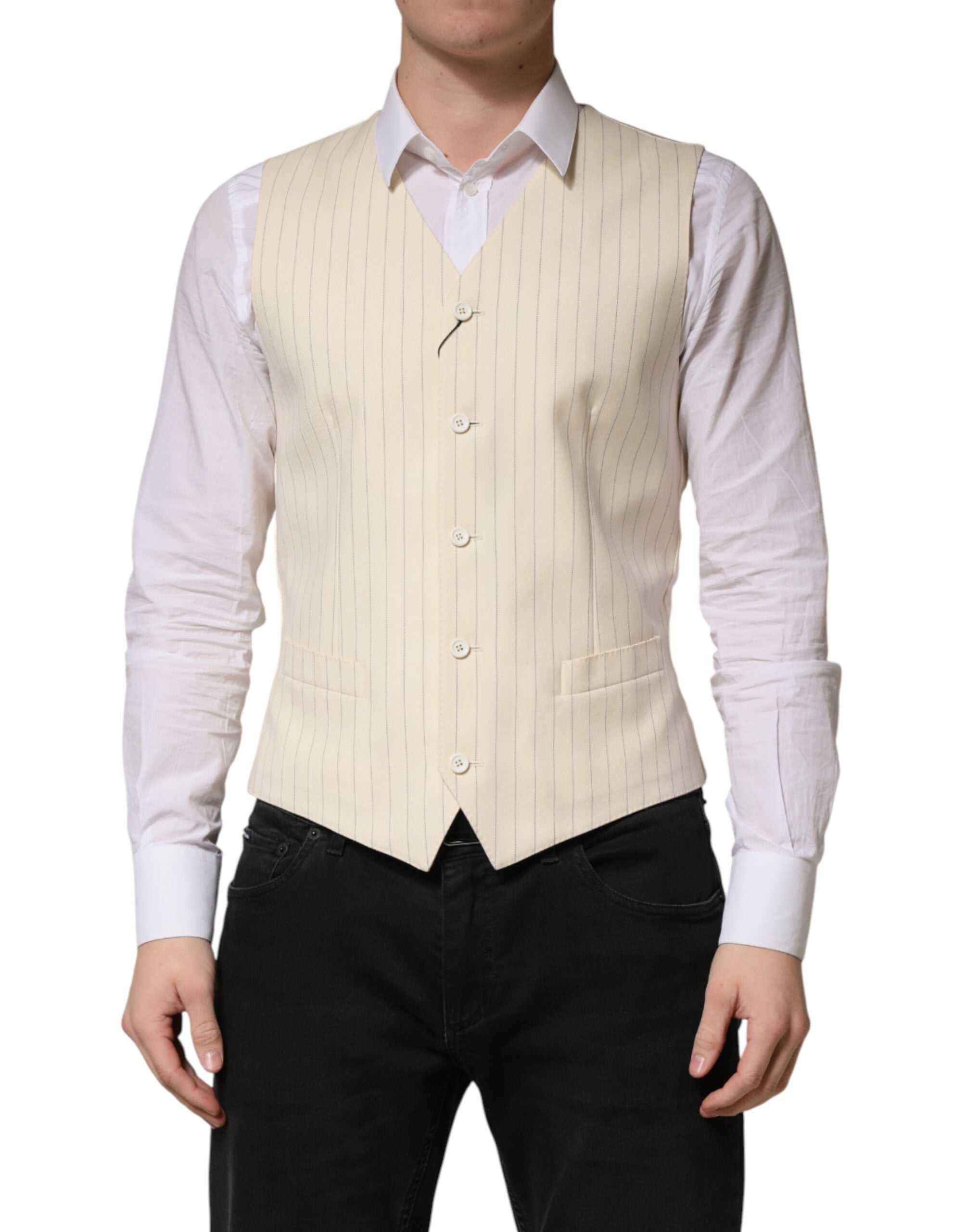 Dolce & Gabbana Beige Stripes Wool Dress Men Waistcoat Men's Vest (Pre-Owned)