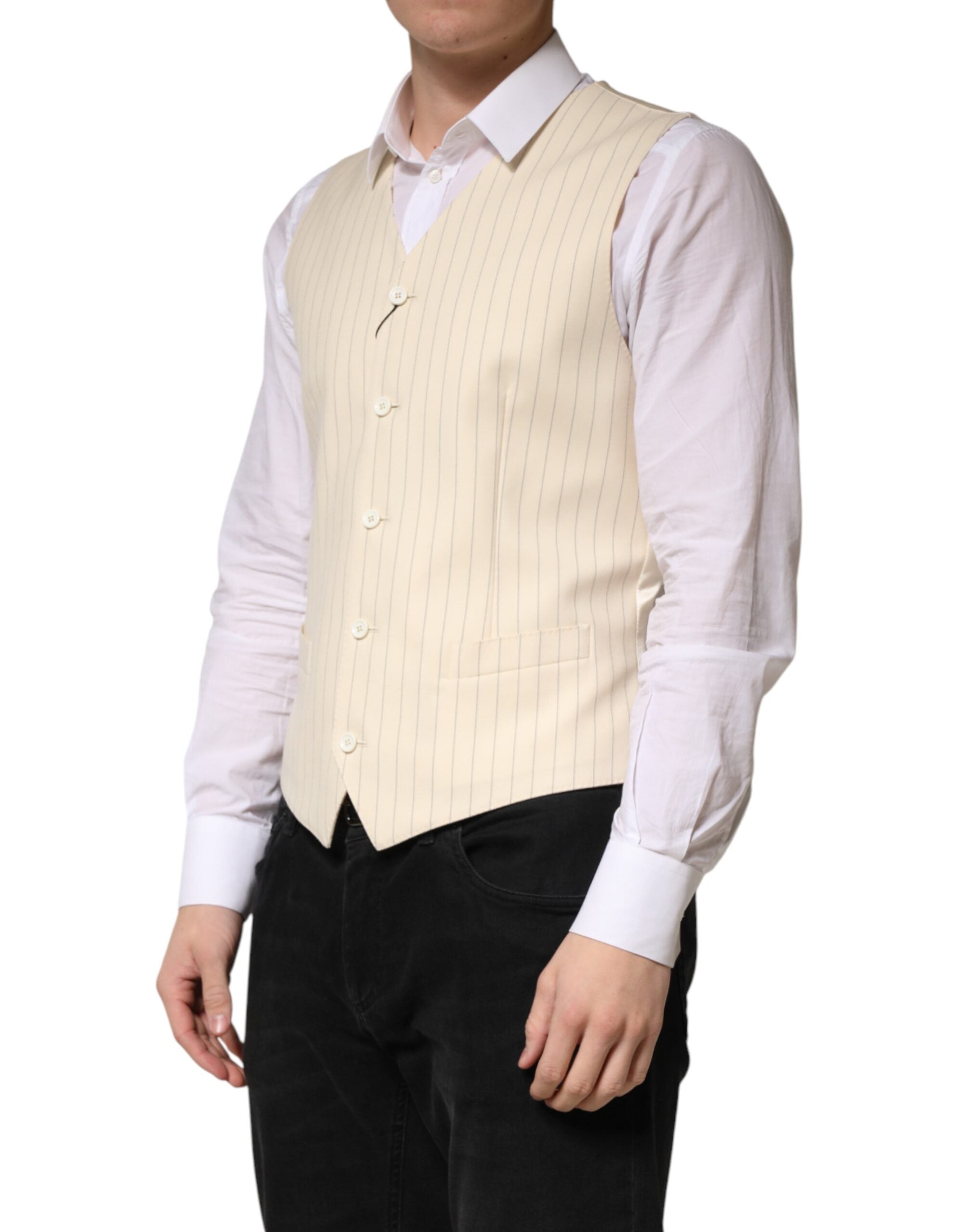 Dolce & Gabbana Beige Stripes Wool Dress Men Waistcoat Men's Vest (Pre-Owned)