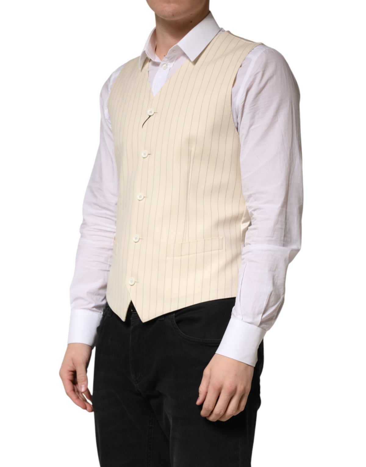 Dolce & Gabbana Beige Stripes Wool Dress Men Waistcoat Men's Vest (Pre-Owned)