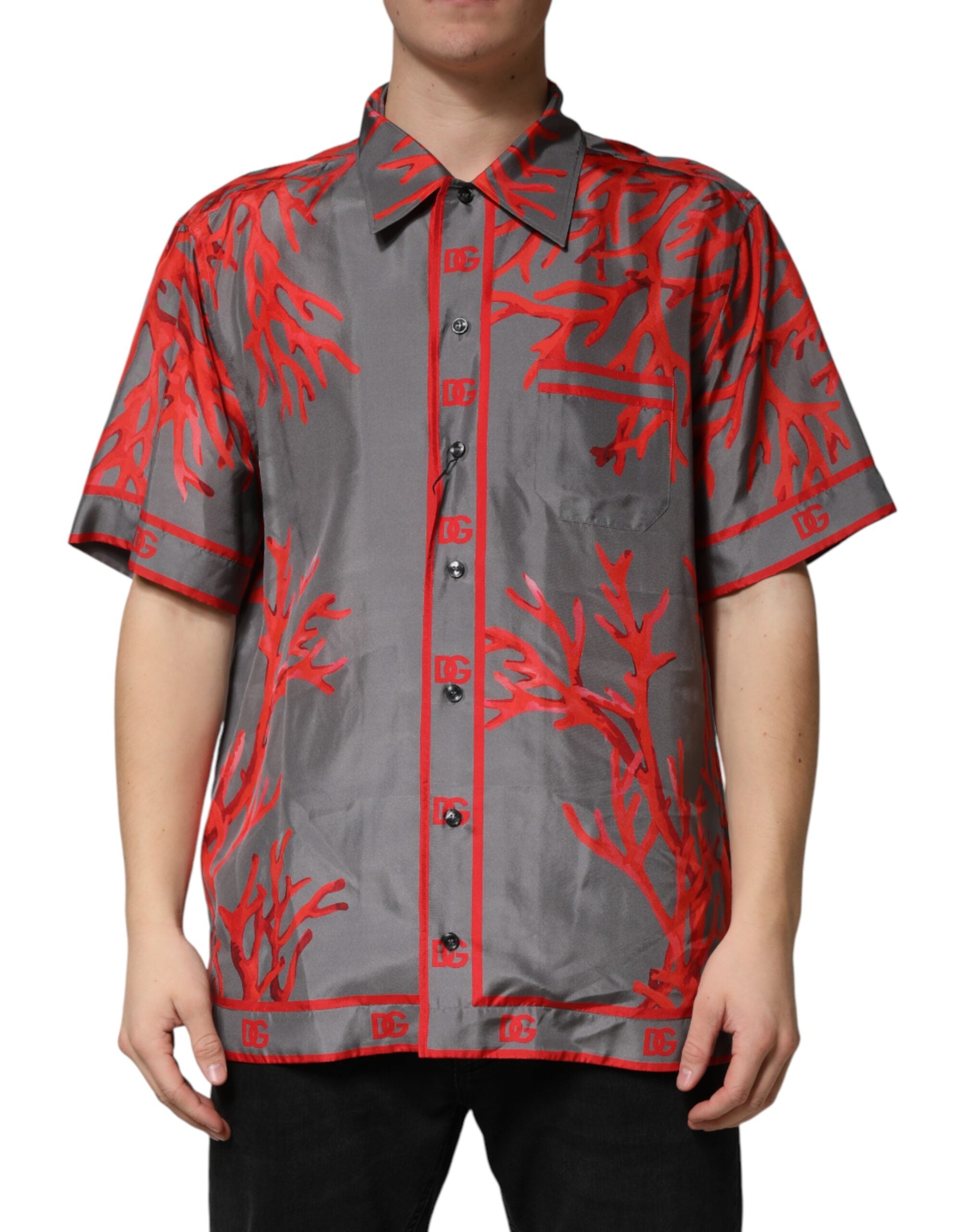 Dolce & Gabbana Gray Red Corals Short Sleeves Casual Men's Shirt