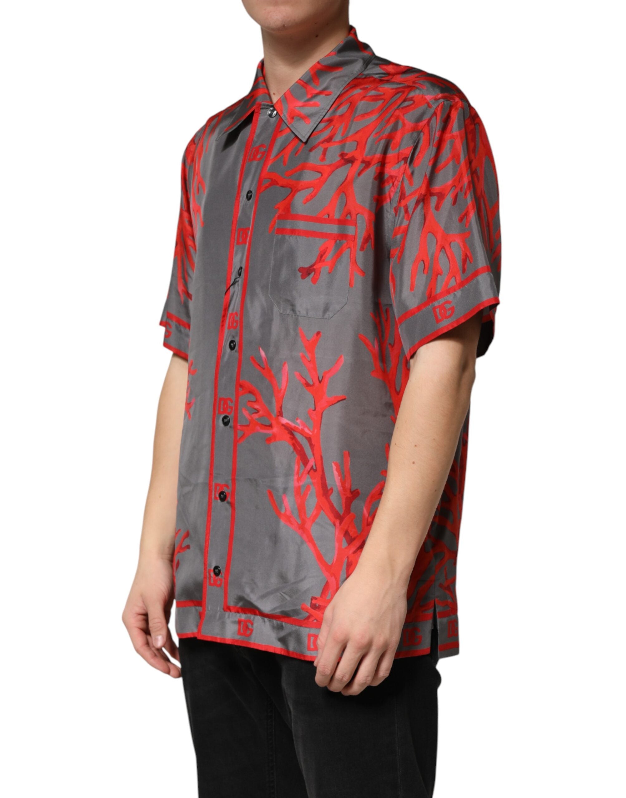 Dolce & Gabbana Gray Red Corals Short Sleeves Casual Men's Shirt