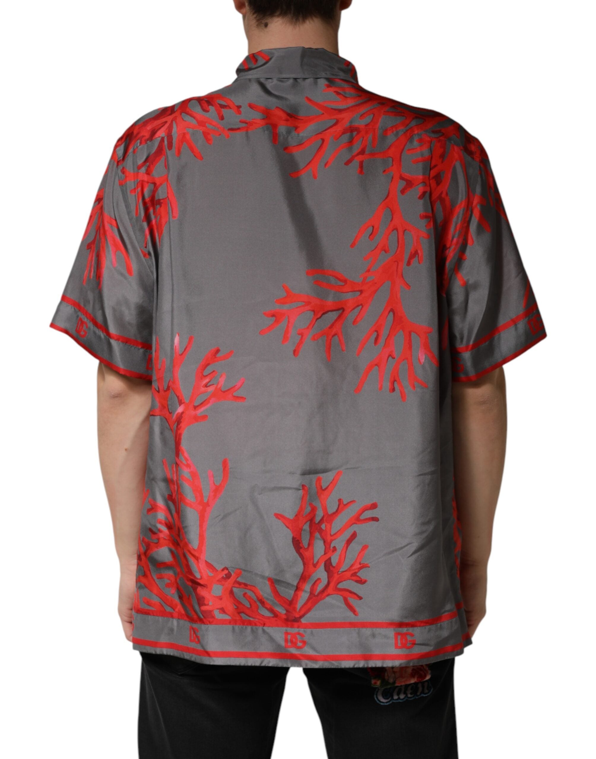 Dolce & Gabbana Gray Red Corals Short Sleeves Casual Men's Shirt