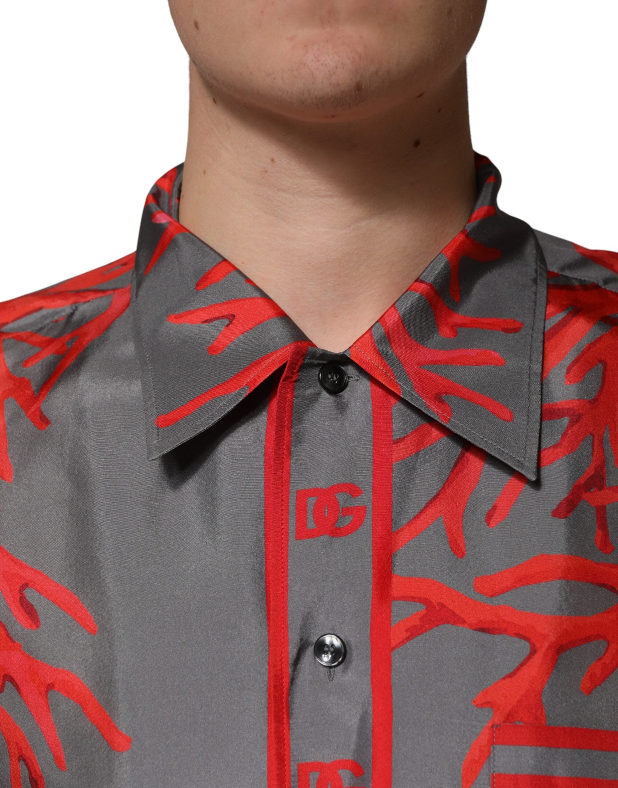 Dolce & Gabbana Gray Red Corals Short Sleeves Casual Men's Shirt
