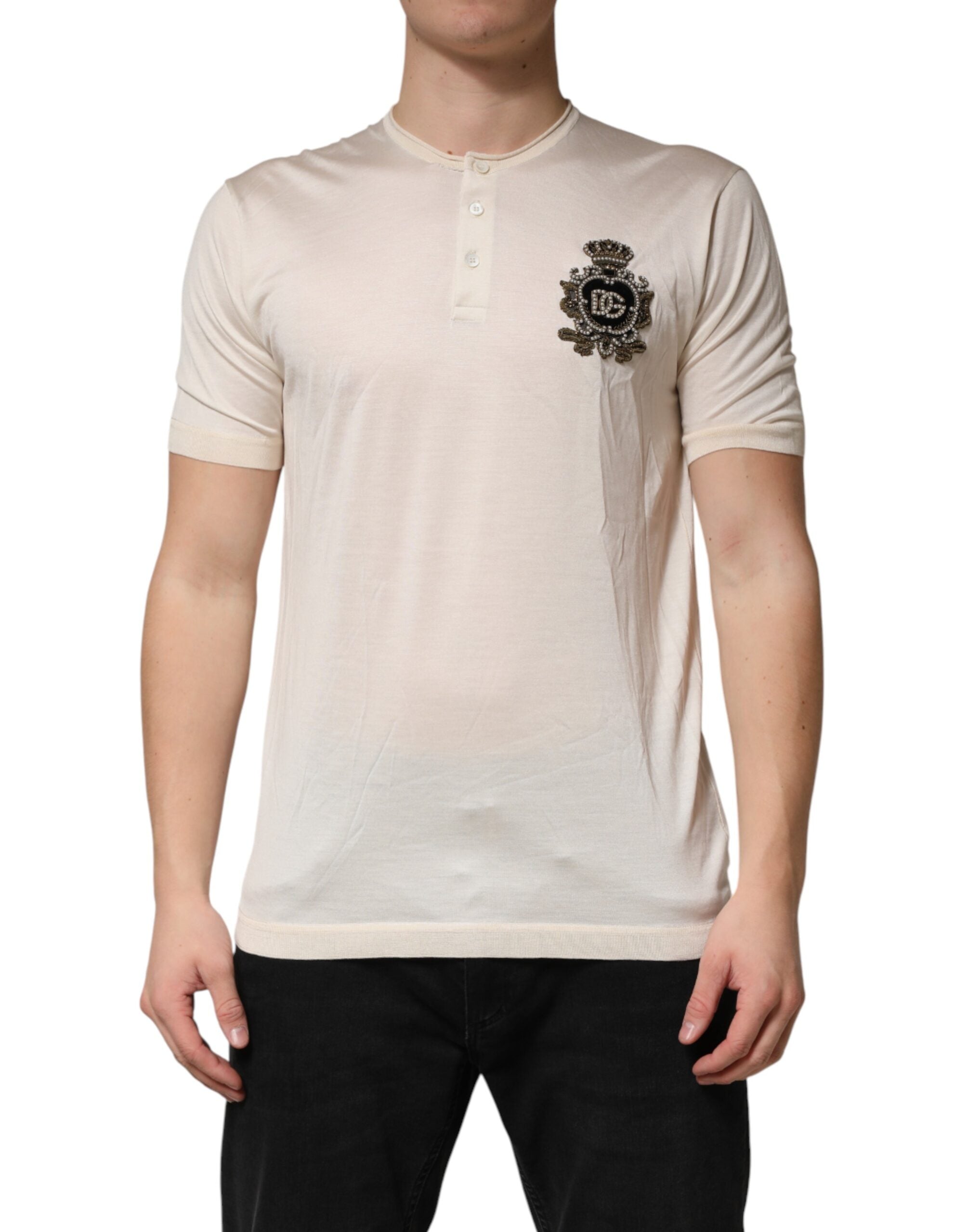 Dolce & Gabbana Off White Silk Logo Patch Men Henley Men's T-shirt (Pre-Owned)