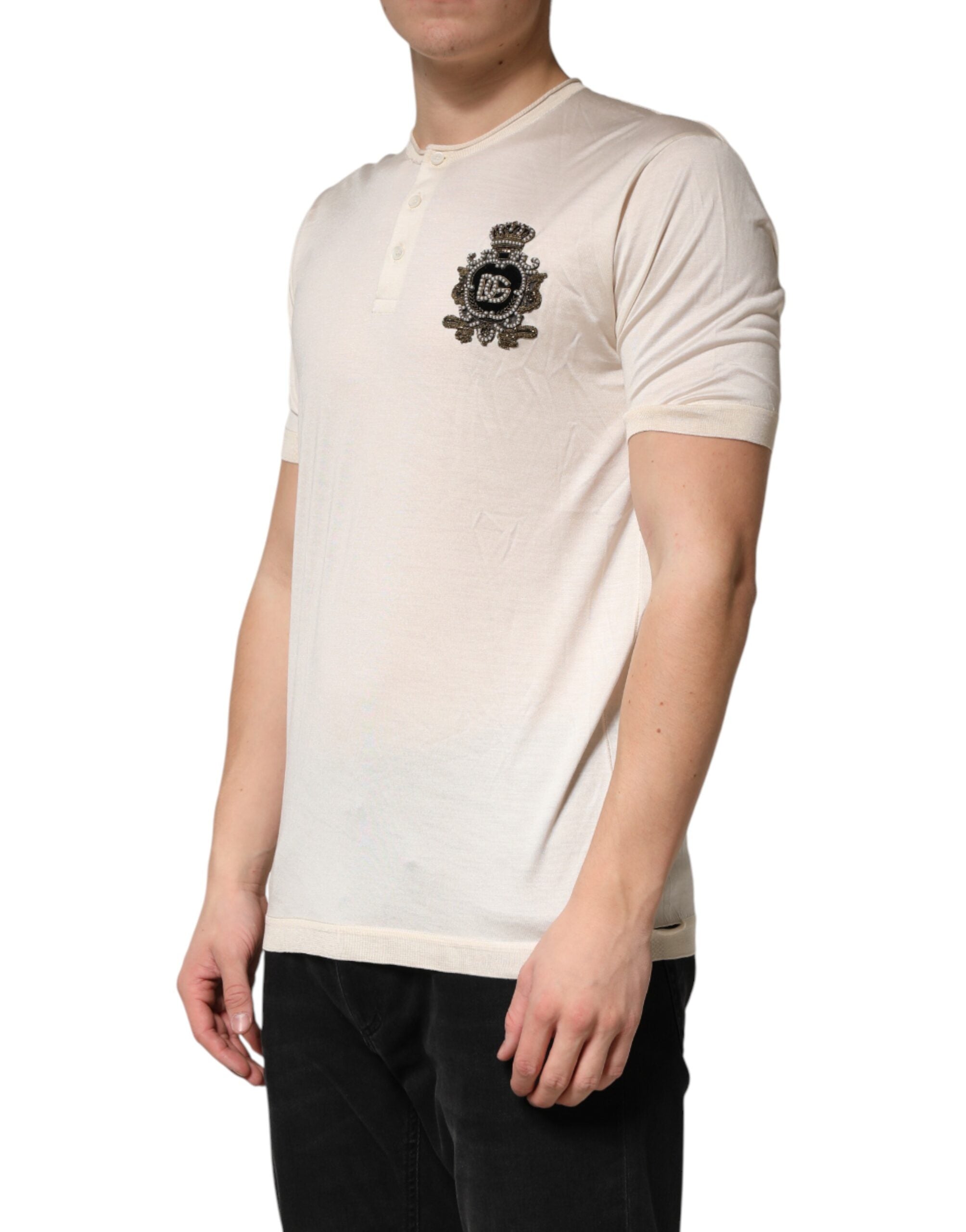 Dolce & Gabbana Off White Silk Logo Patch Men Henley Men's T-shirt (Pre-Owned)