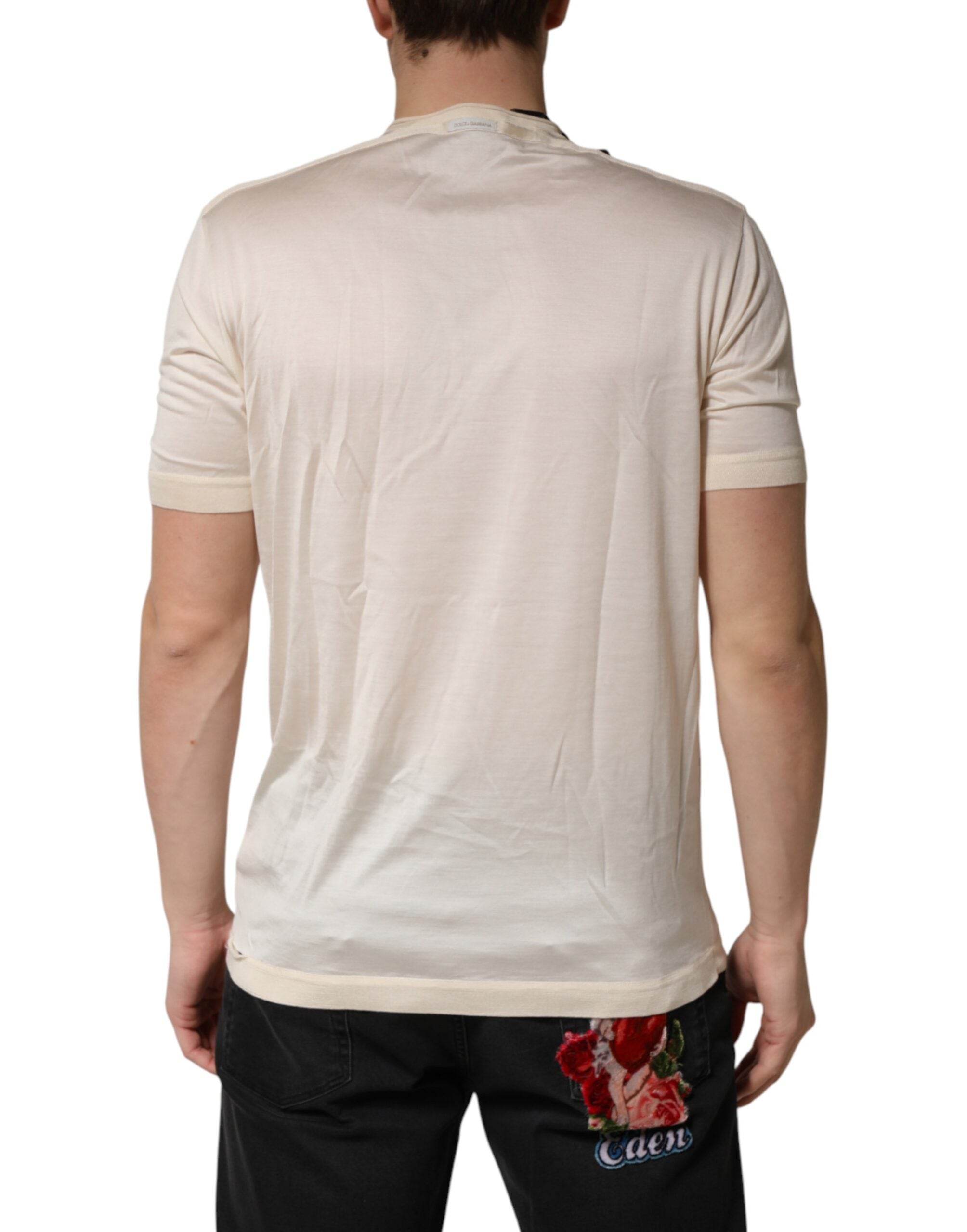 Dolce & Gabbana Off White Silk Logo Patch Men Henley Men's T-shirt (Pre-Owned)