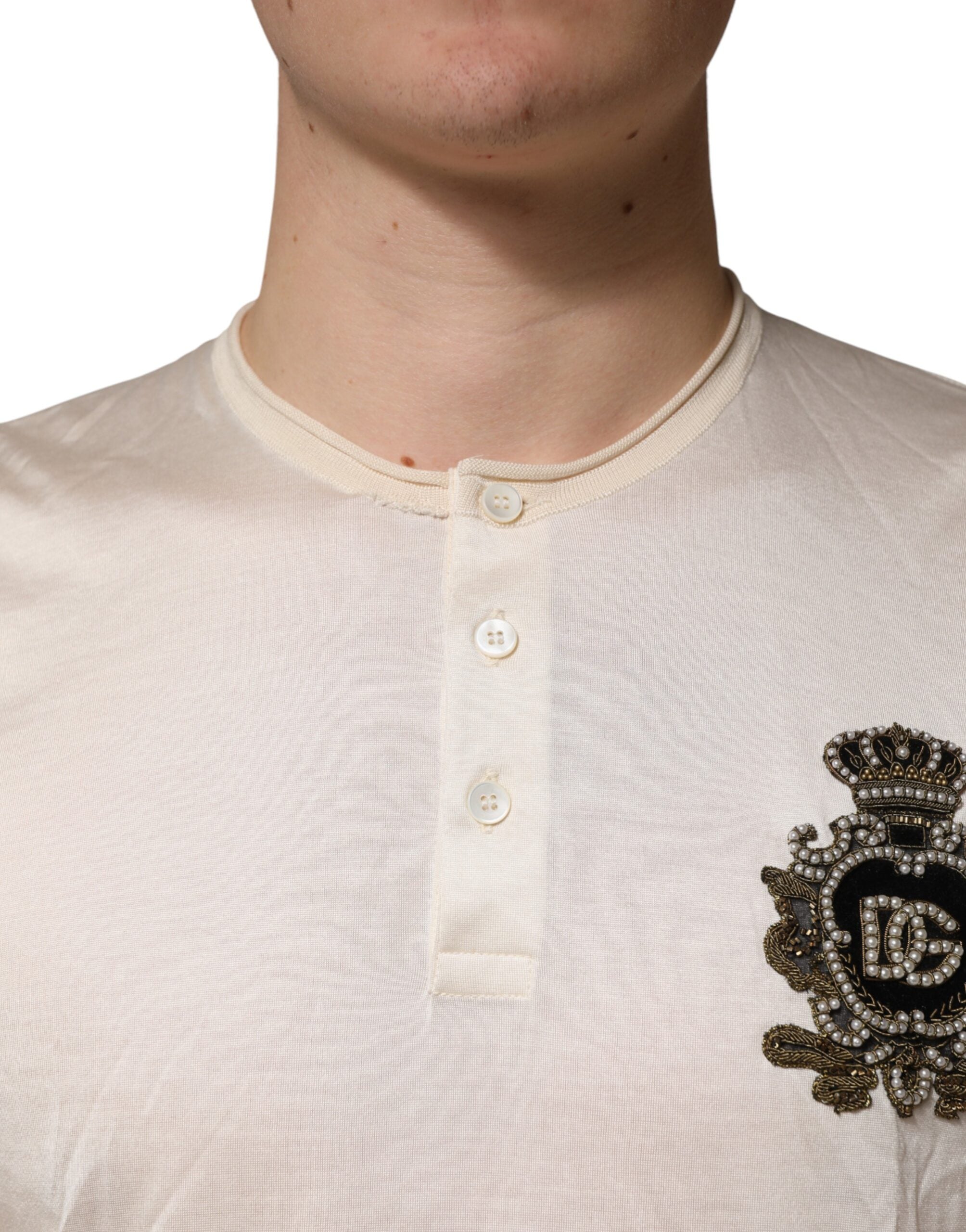 Dolce & Gabbana Off White Silk Logo Patch Men Henley Men's T-shirt (Pre-Owned)