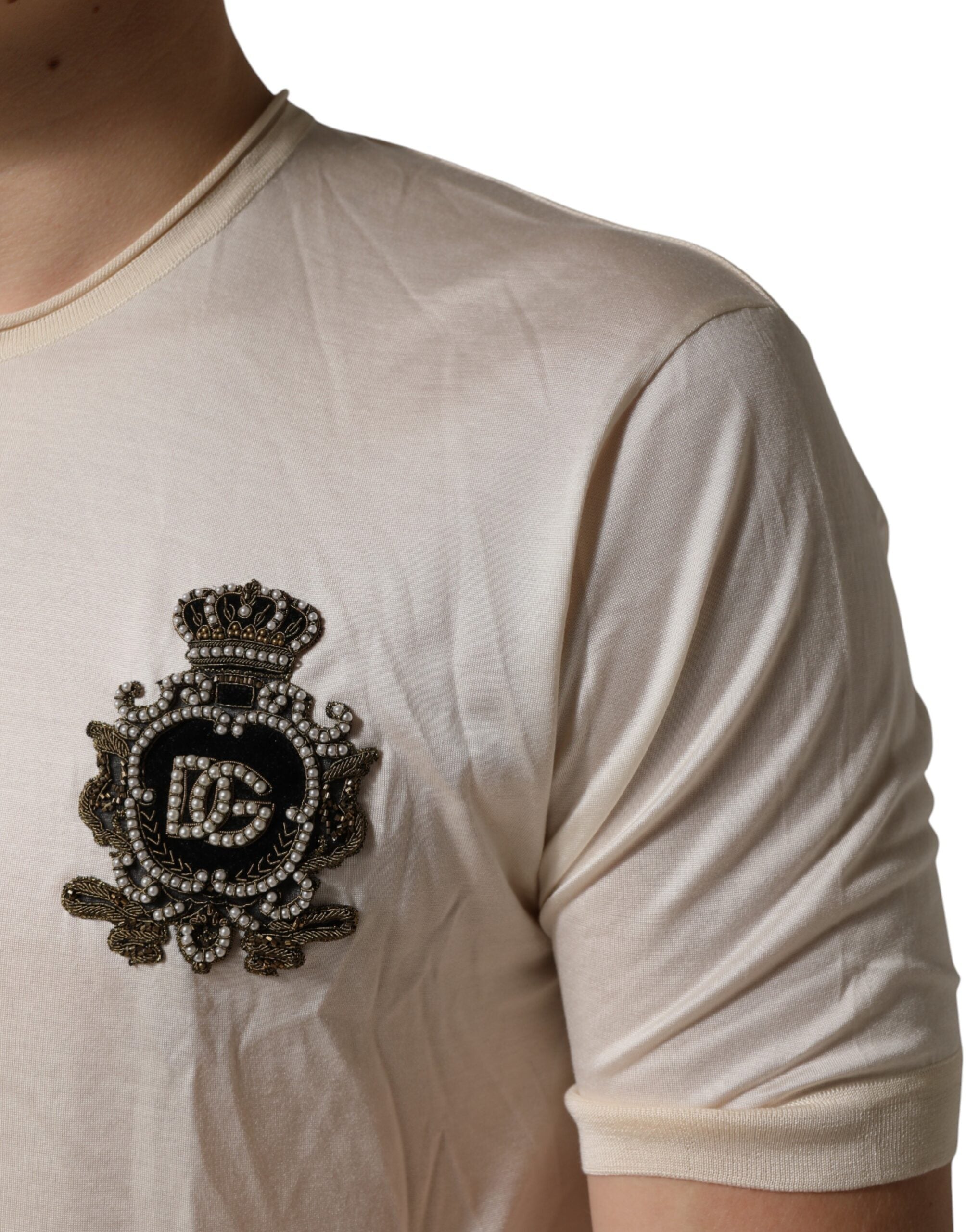 Dolce & Gabbana Off White Silk Logo Patch Men Henley Men's T-shirt (Pre-Owned)