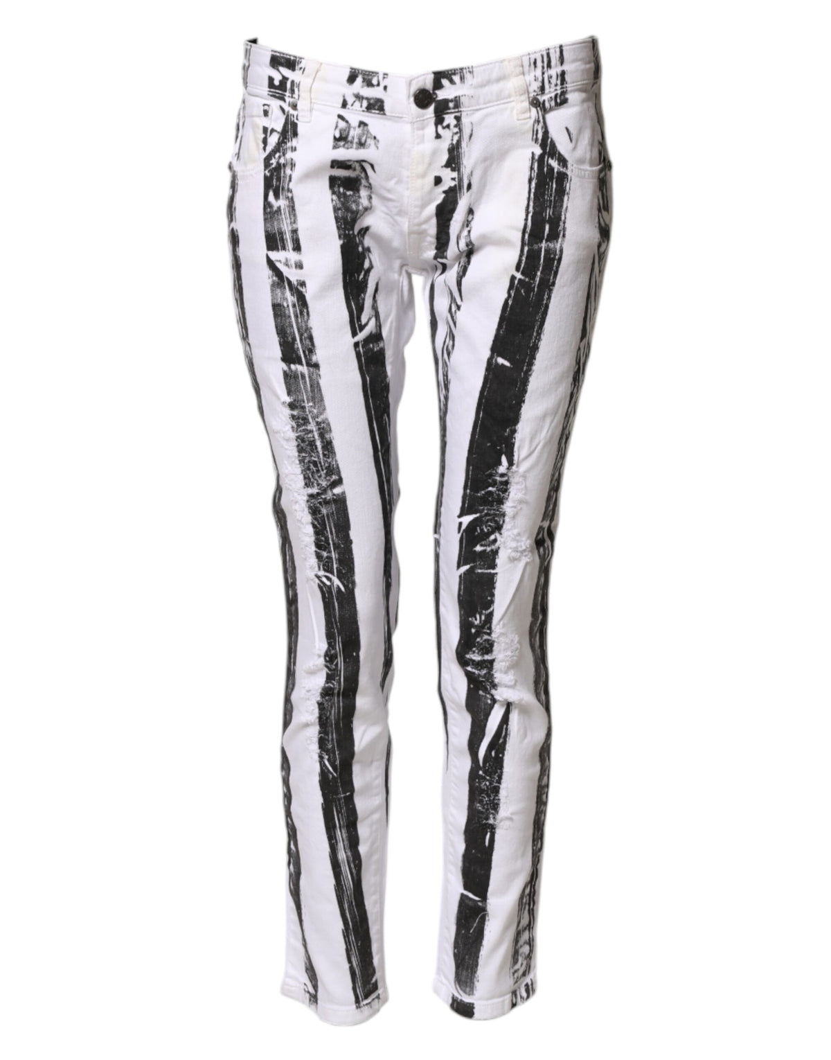 Gaelle Paris Black White Stripes Mid Waist Cropped Capri Women's Jeans (Pre-Owned)