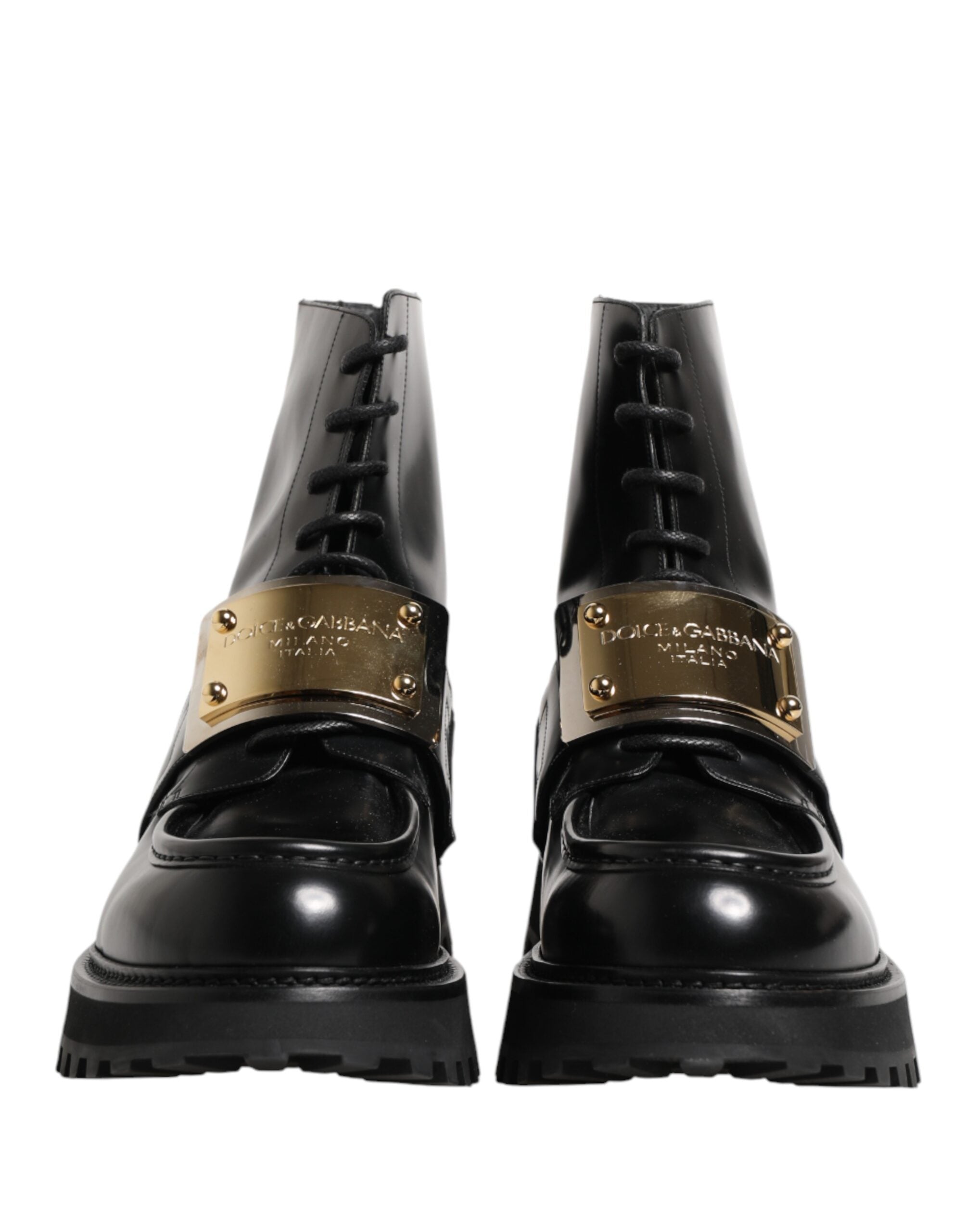 Dolce & Gabbana Black Leather DG Plaque Lace Up Boots Men's Shoes