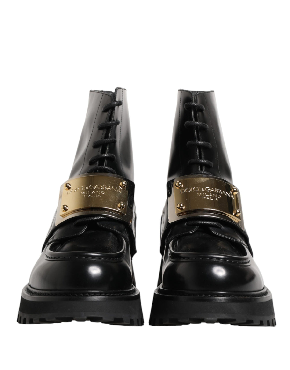 Dolce & Gabbana Black Leather DG Plaque Lace Up Boots Men's Shoes