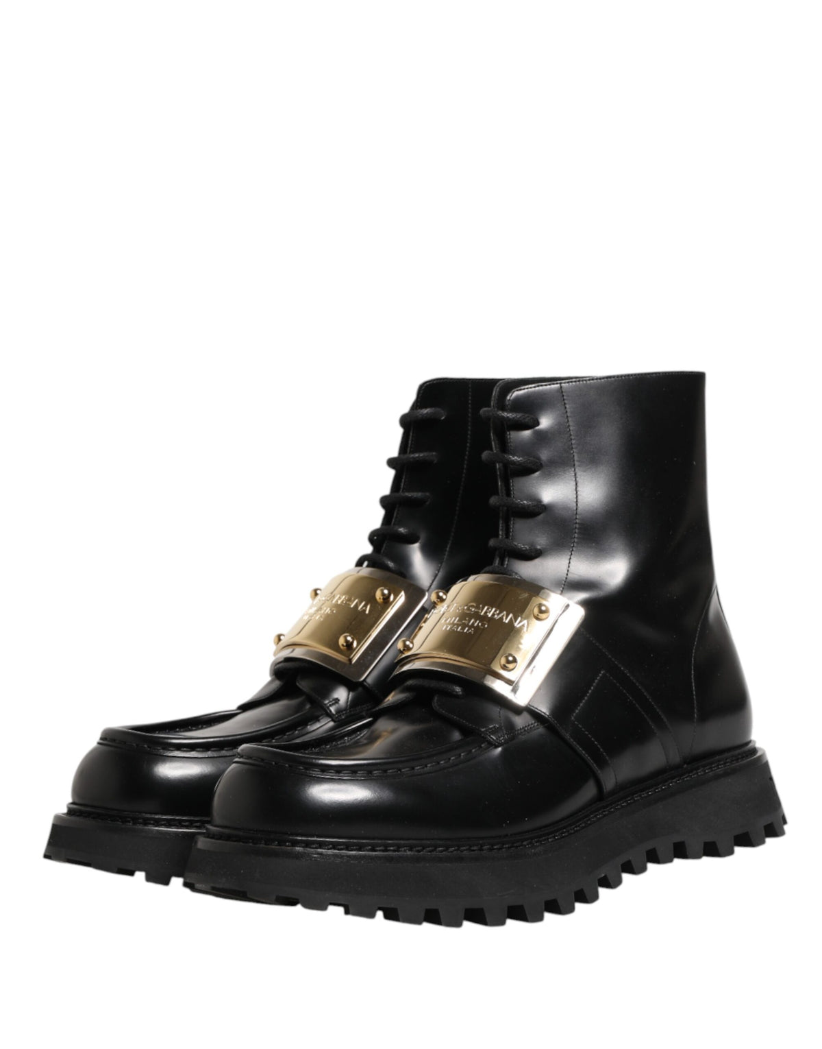 Dolce & Gabbana Black Leather DG Plaque Lace Up Boots Men's Shoes