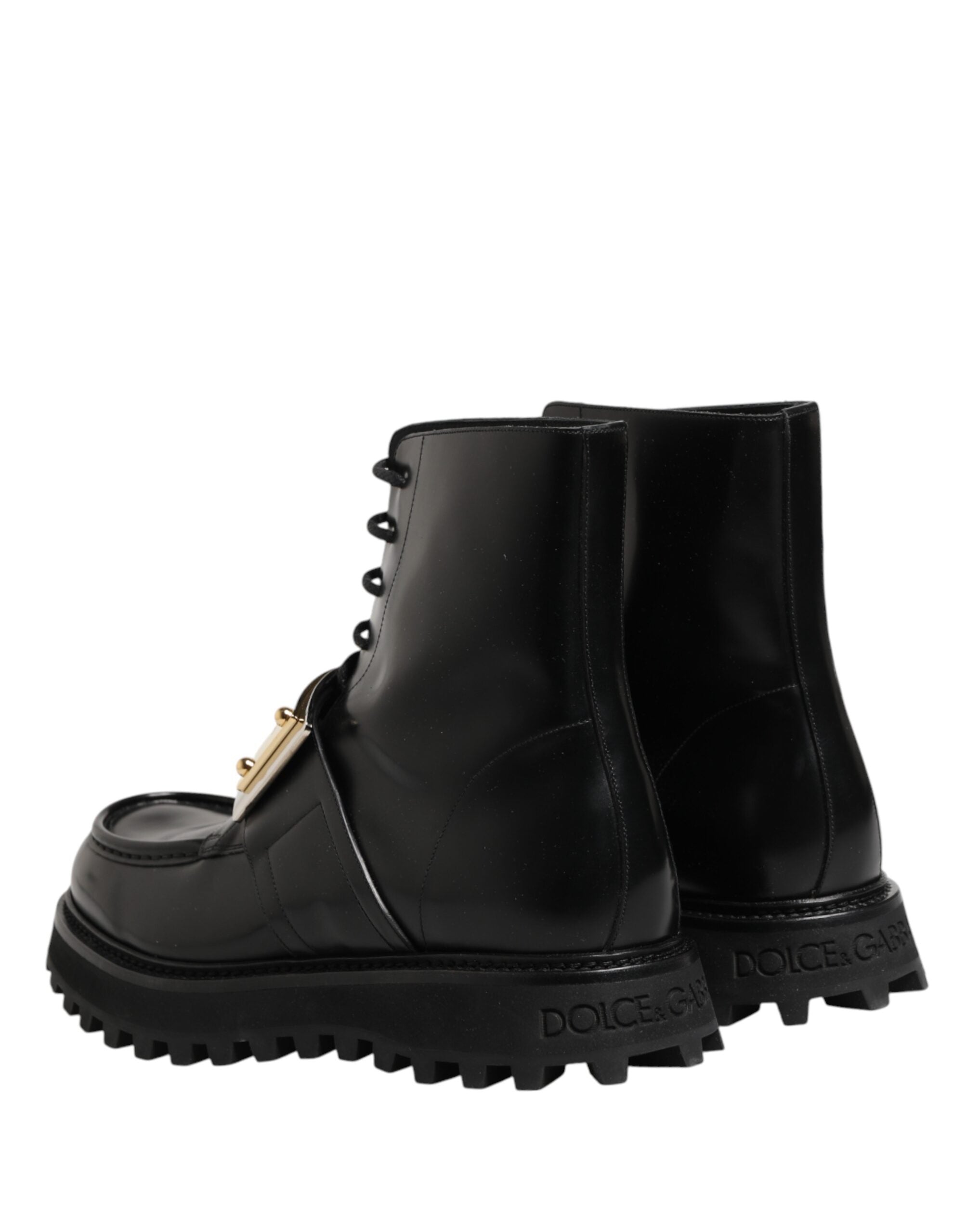 Dolce & Gabbana Black Leather DG Plaque Lace Up Boots Men's Shoes