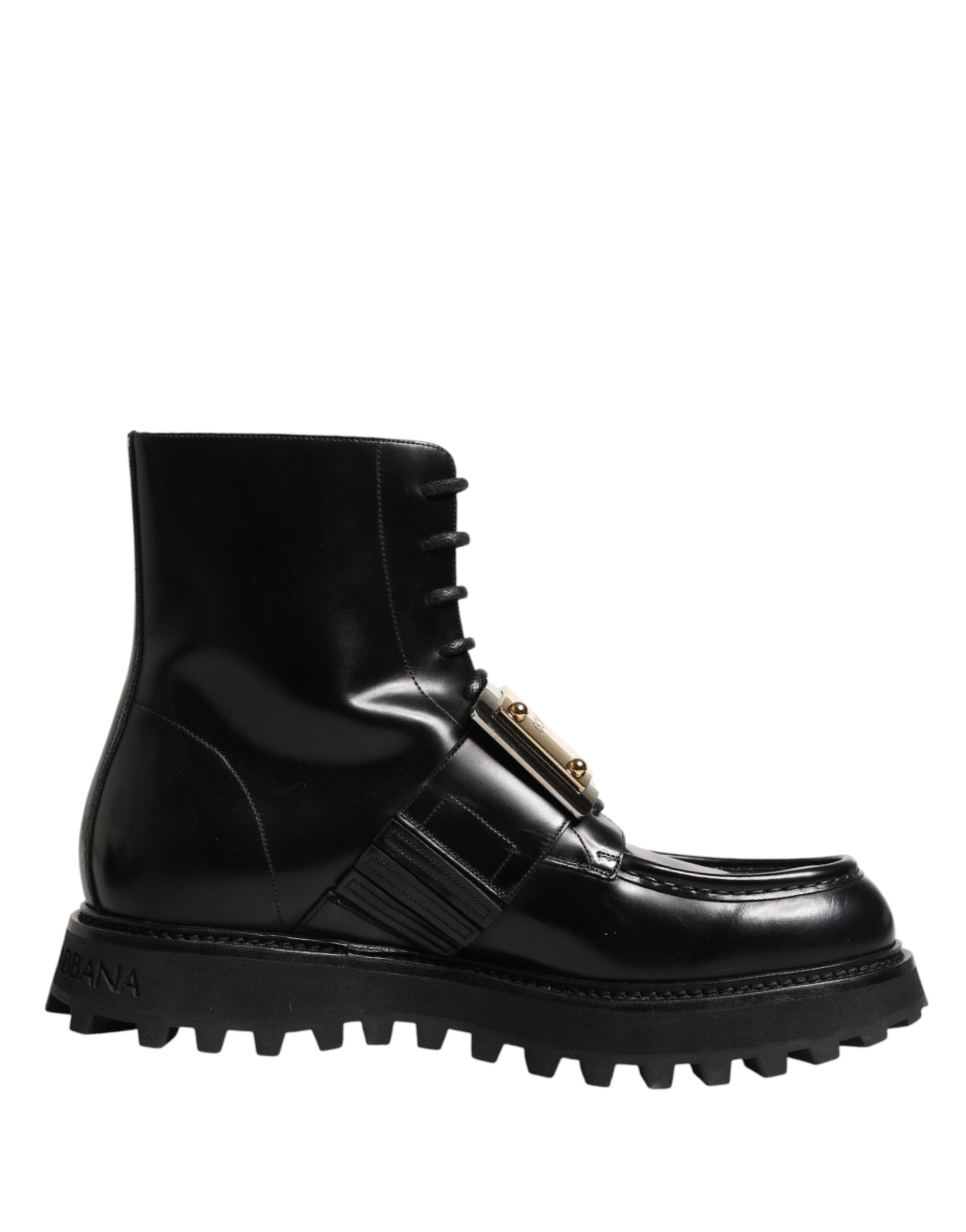 Dolce & Gabbana Black Leather DG Plaque Lace Up Boots Men's Shoes