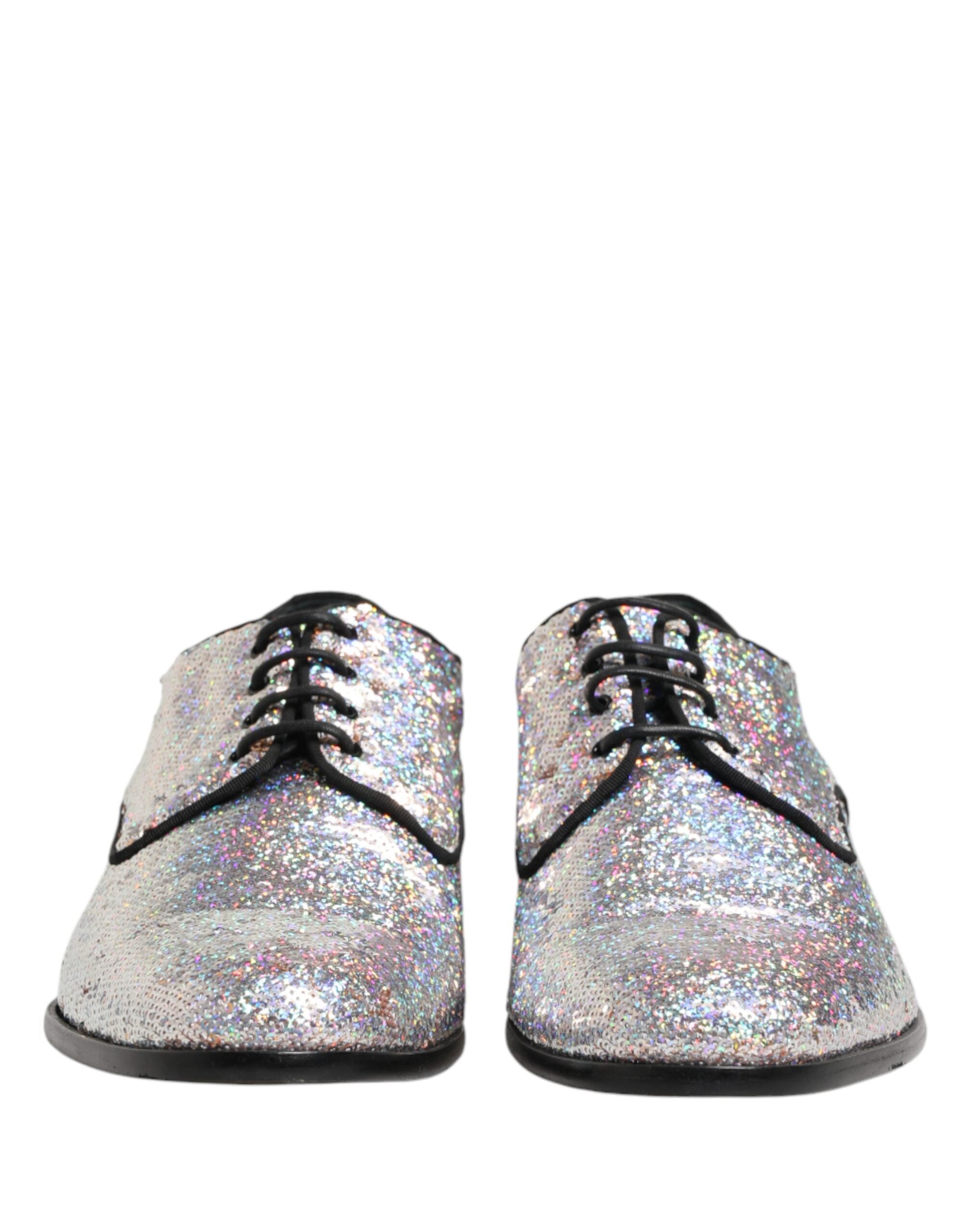 Dolce & Gabbana Silver Sequined Lace Up Men Derby Dress Men's Shoes