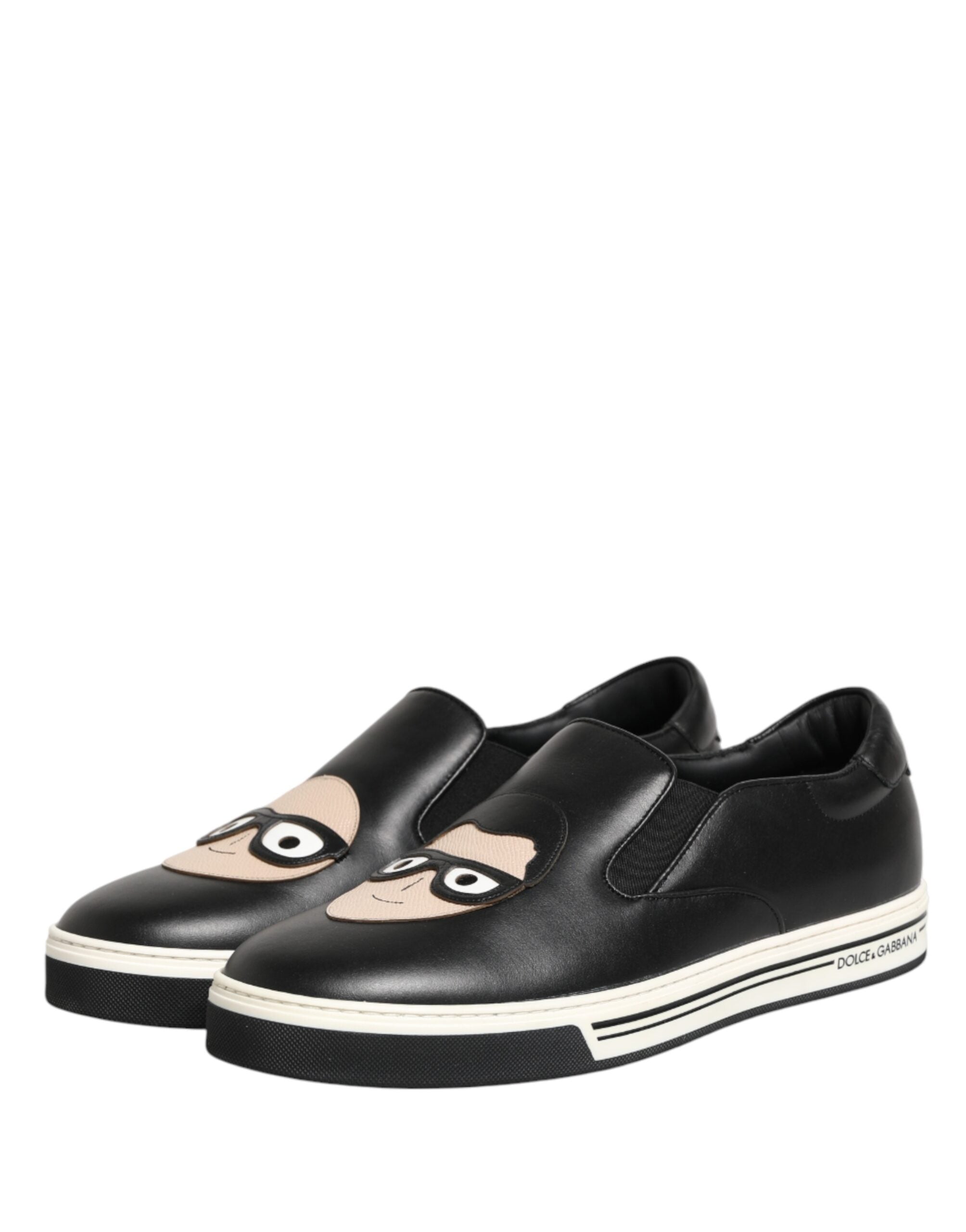 Dolce & Gabbana Black Leather Signature Figures Sneakers Men's Shoes