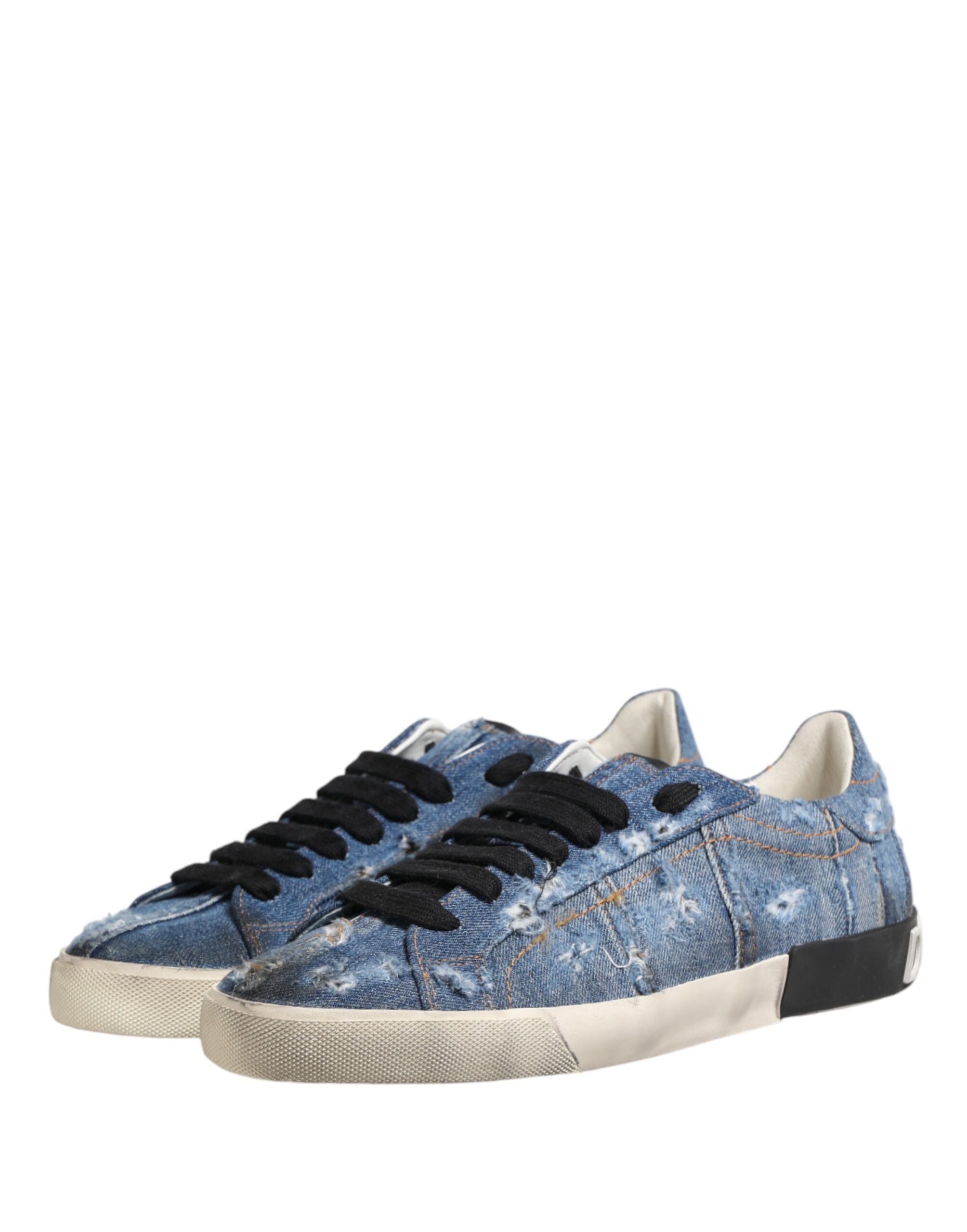 Dolce & Gabbana Blue Distressed Denim Low Top Sneakers Men's Shoes