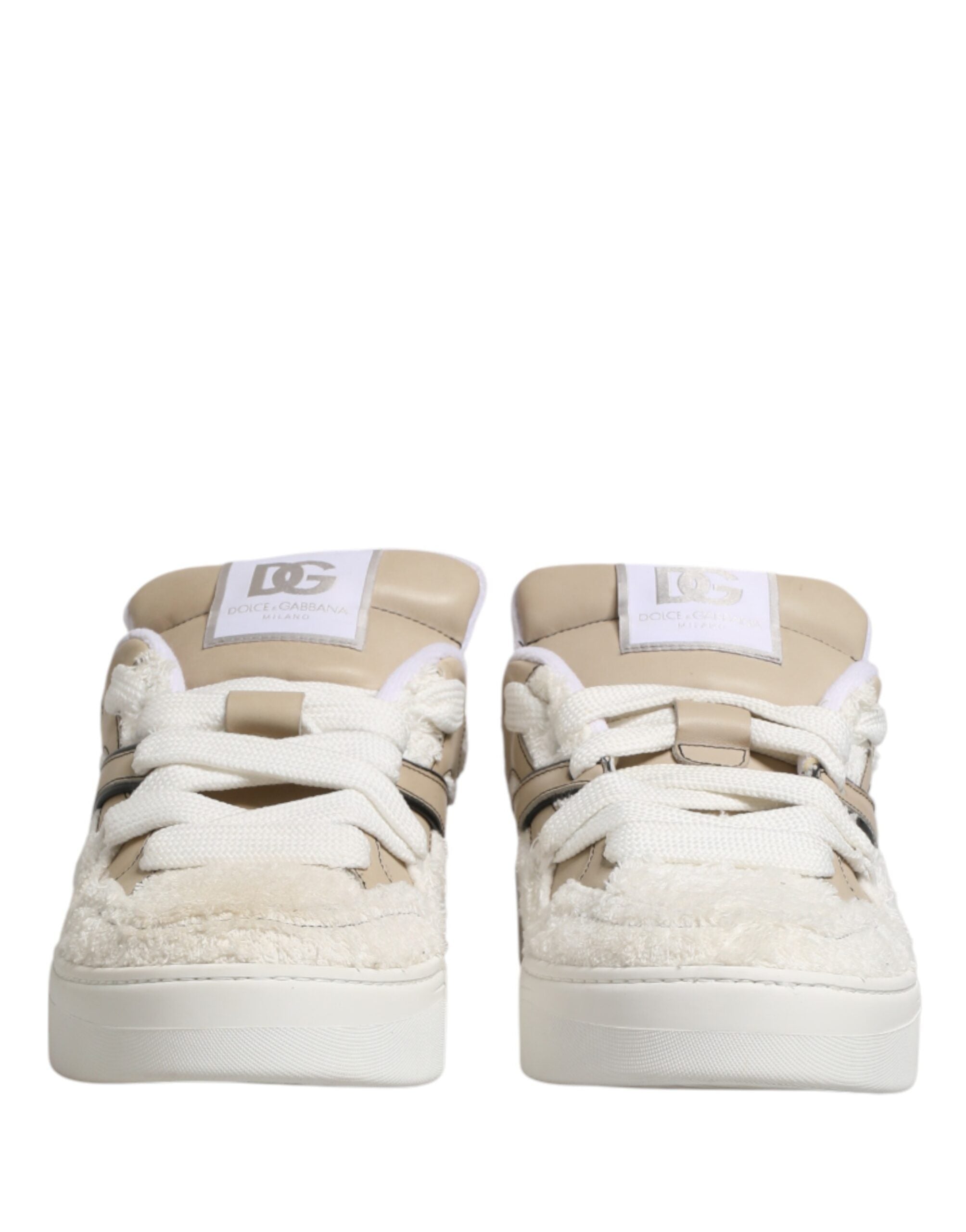 Dolce & Gabbana White Beige Faux Shearling Low Top Sneakers Men's Shoes
