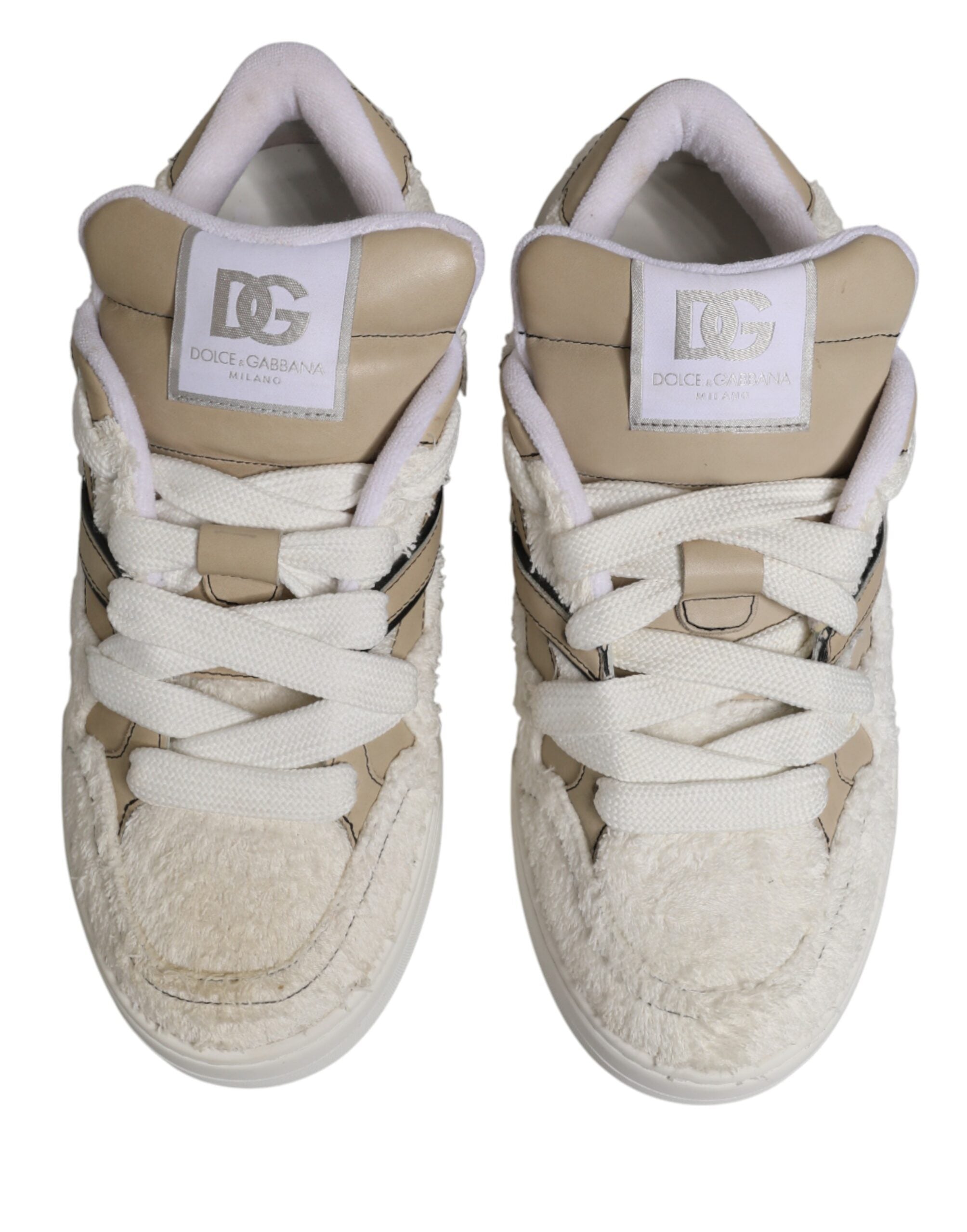 Dolce & Gabbana White Beige Faux Shearling Low Top Sneakers Men's Shoes