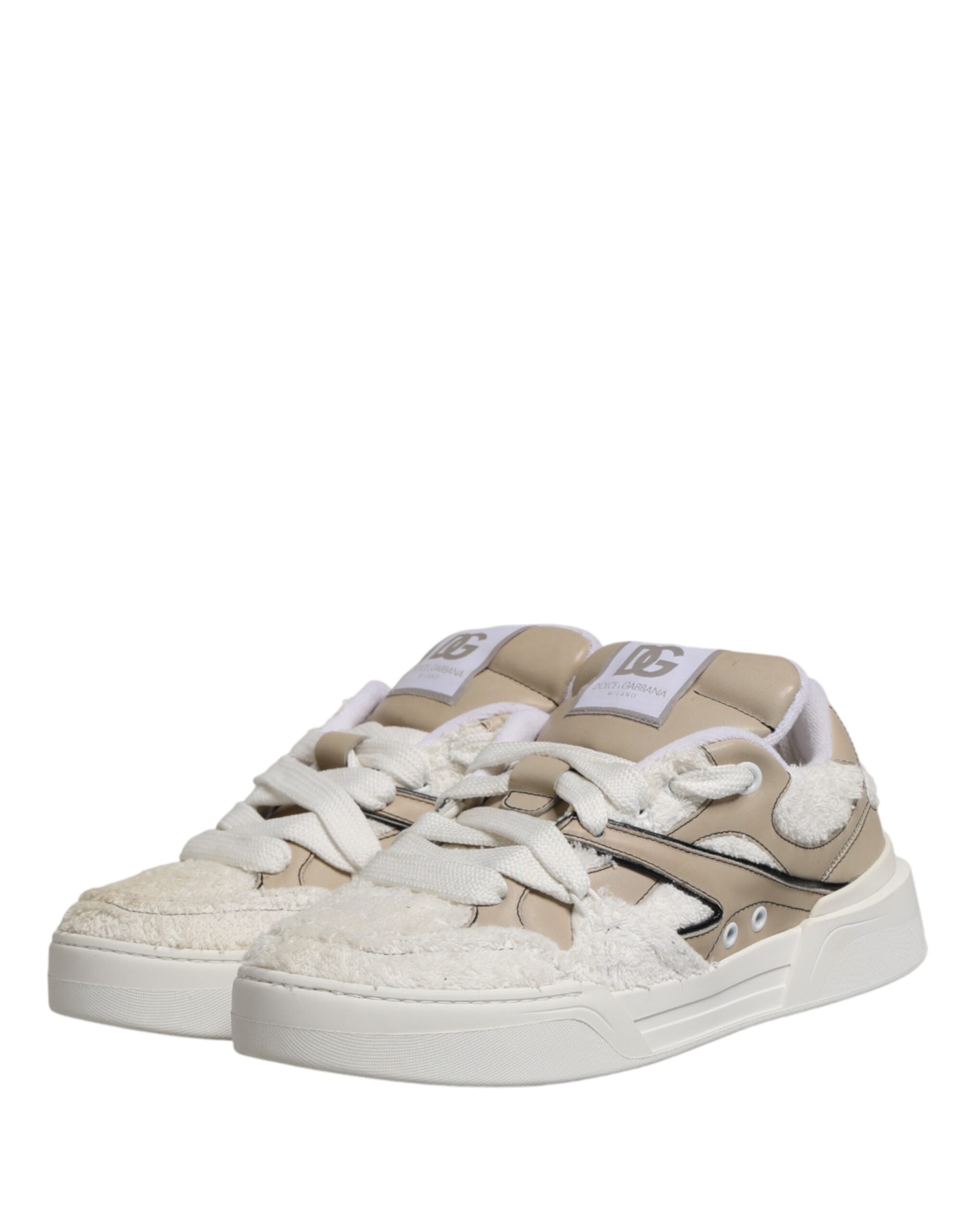 Dolce & Gabbana White Beige Faux Shearling Low Top Sneakers Men's Shoes