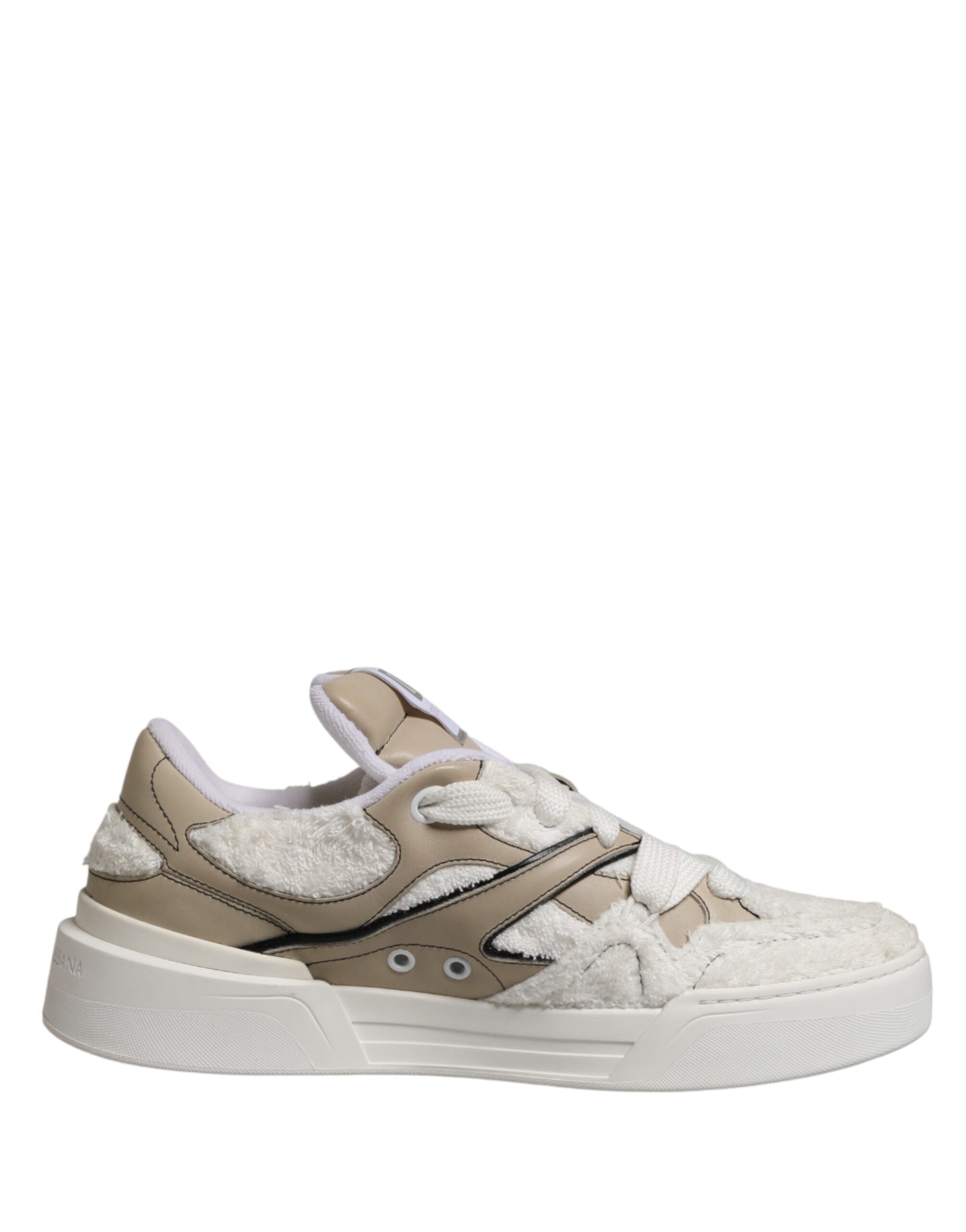 Dolce & Gabbana White Beige Faux Shearling Low Top Sneakers Men's Shoes