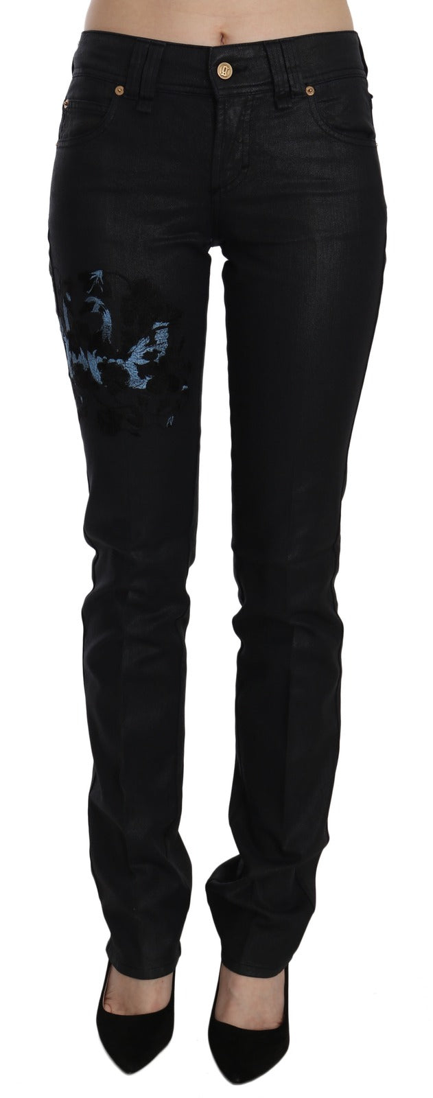 John Galliano Black Swan Floral Embroidered Mid Waist Skinny Denim Women's Jeans
