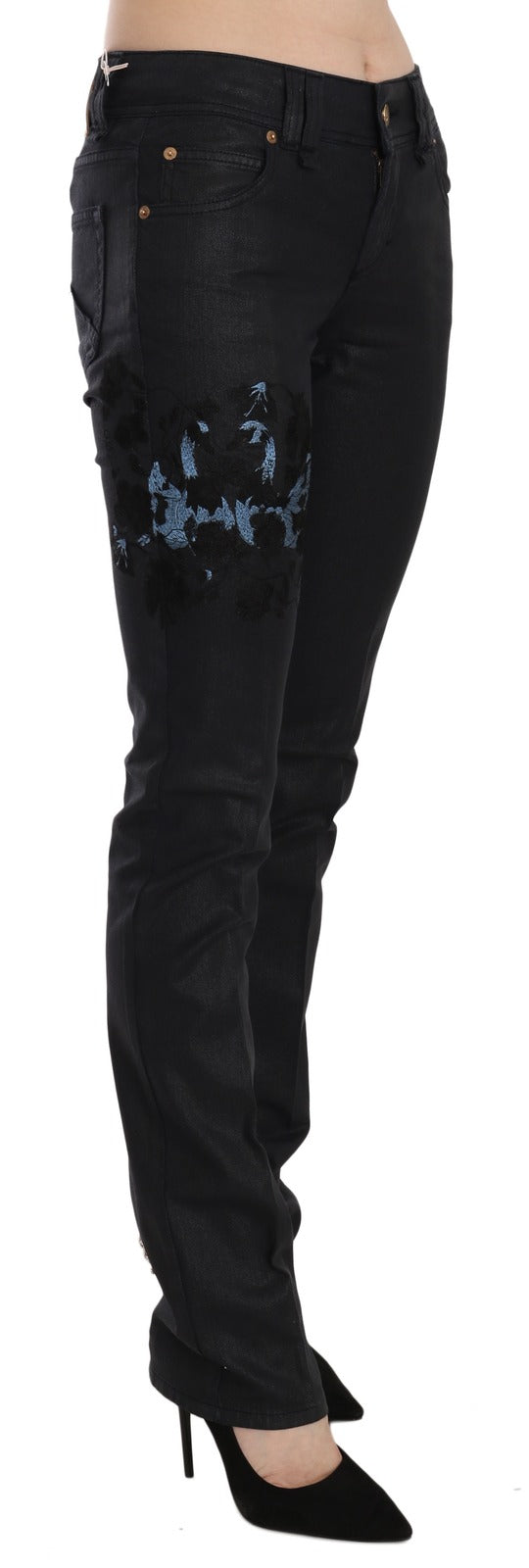 John Galliano Black Swan Floral Embroidered Mid Waist Skinny Denim Women's Jeans